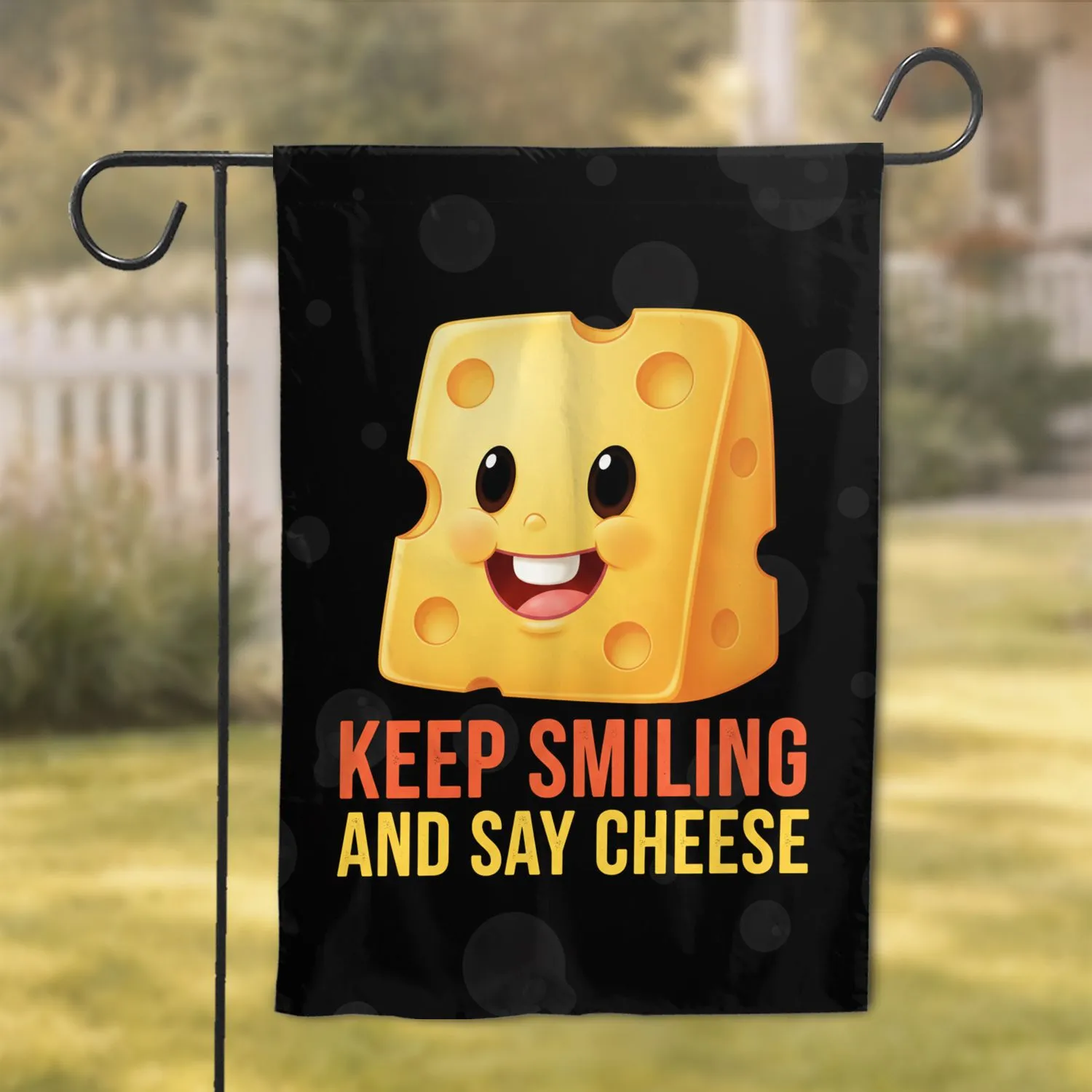 Smiling Swiss Cheese Character Keep Smiling Say Cheese - Home Decor Gift Garden Flag - 1