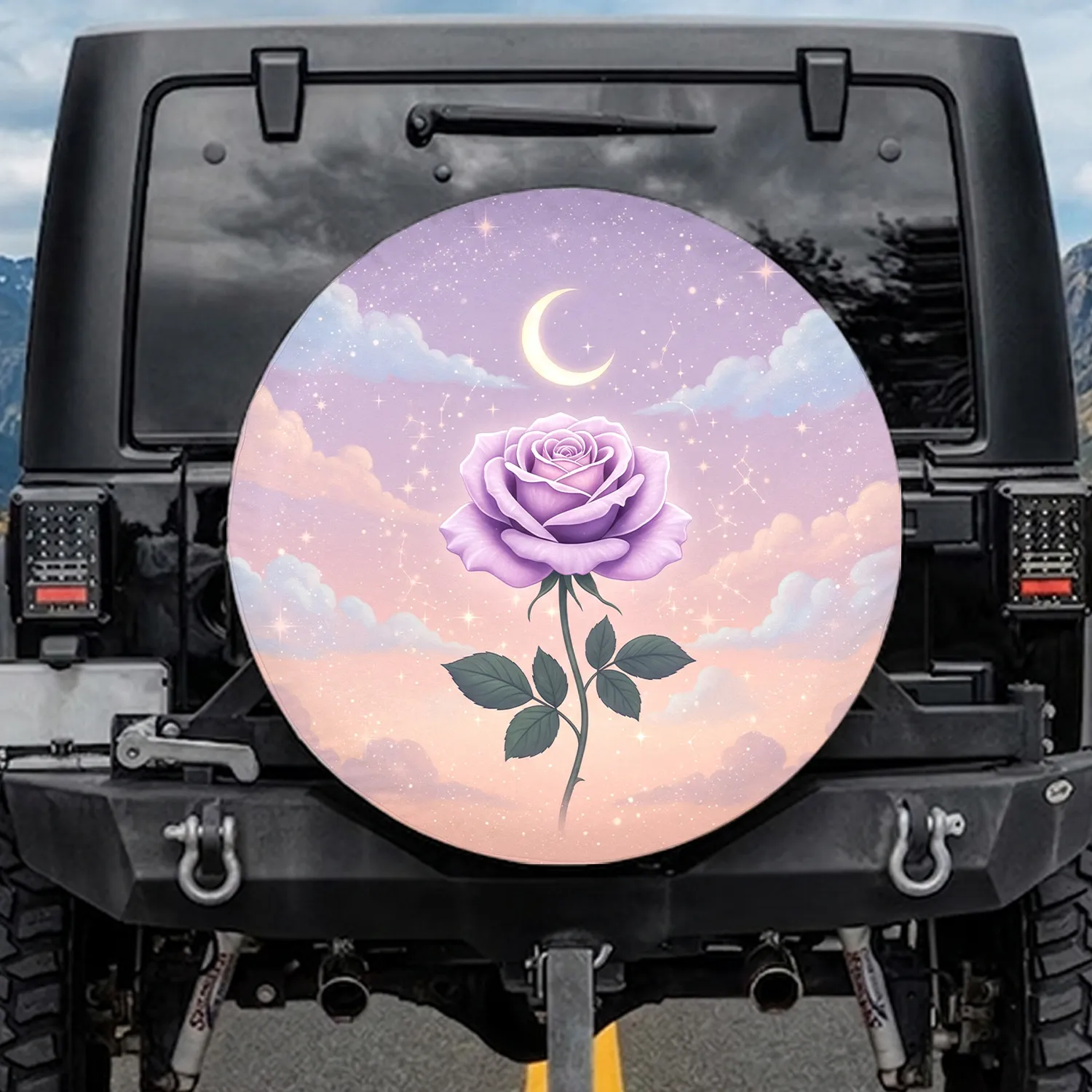 Lavender Rose Crescent Moon Starry Sky - Dreamer Gift Spare Tire Cover - 1