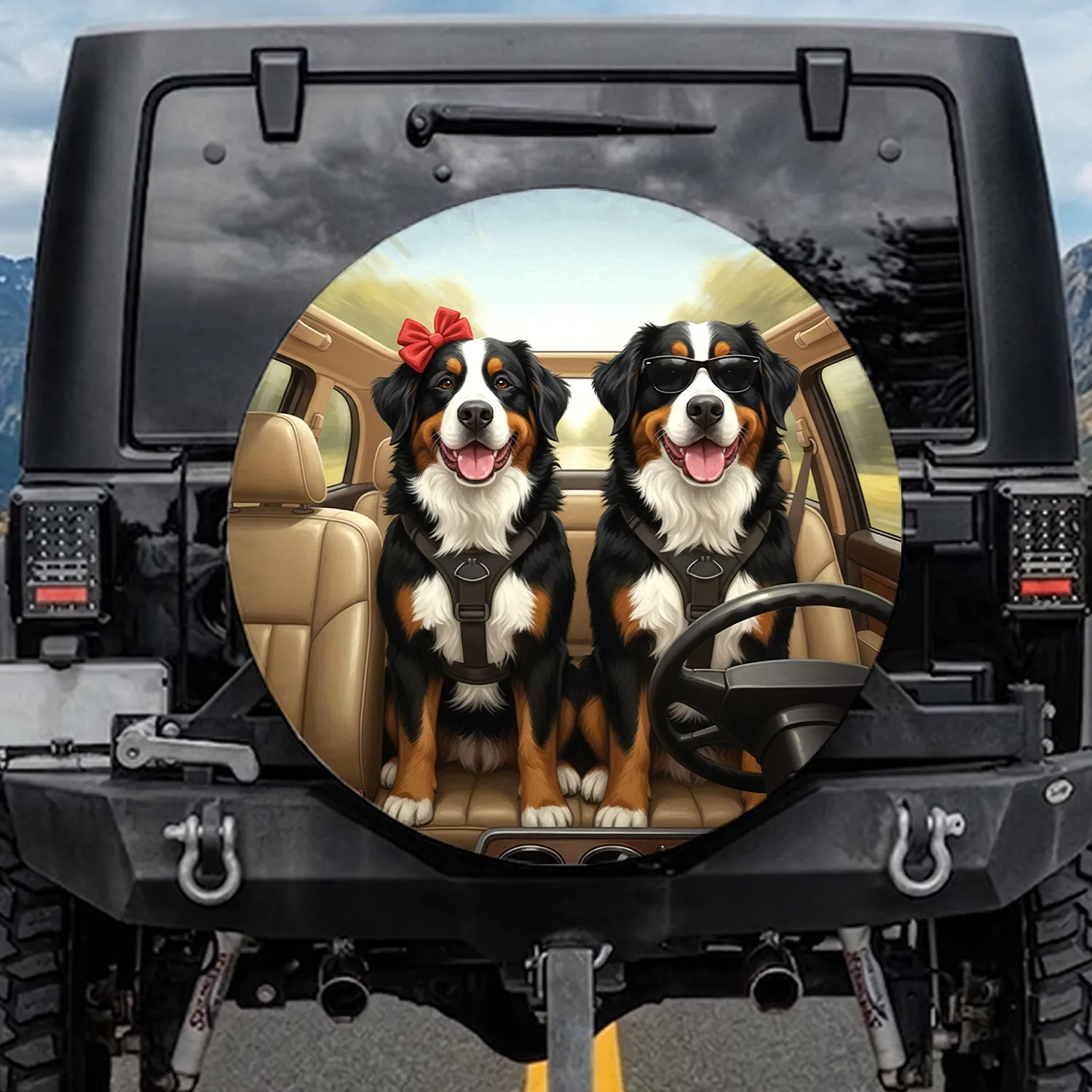 Bernese Mountain Dogs Car Ride Red Bow Heart Tag Sunglasses - Dog Lover Gift Spare Tire Cover - 1