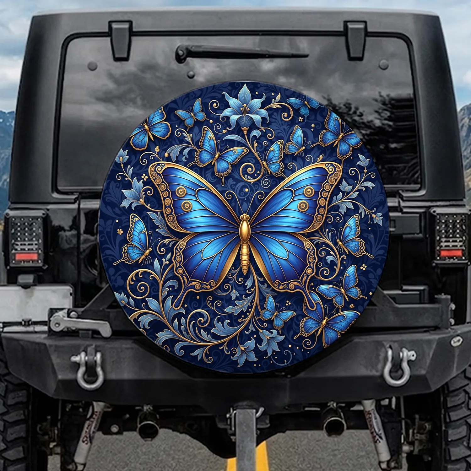 Sapphire Butterfly Gold Filigree Floral Baroque - Luxury Car Decor Gift for Butterfly Lover Spare Tire Cover - 1