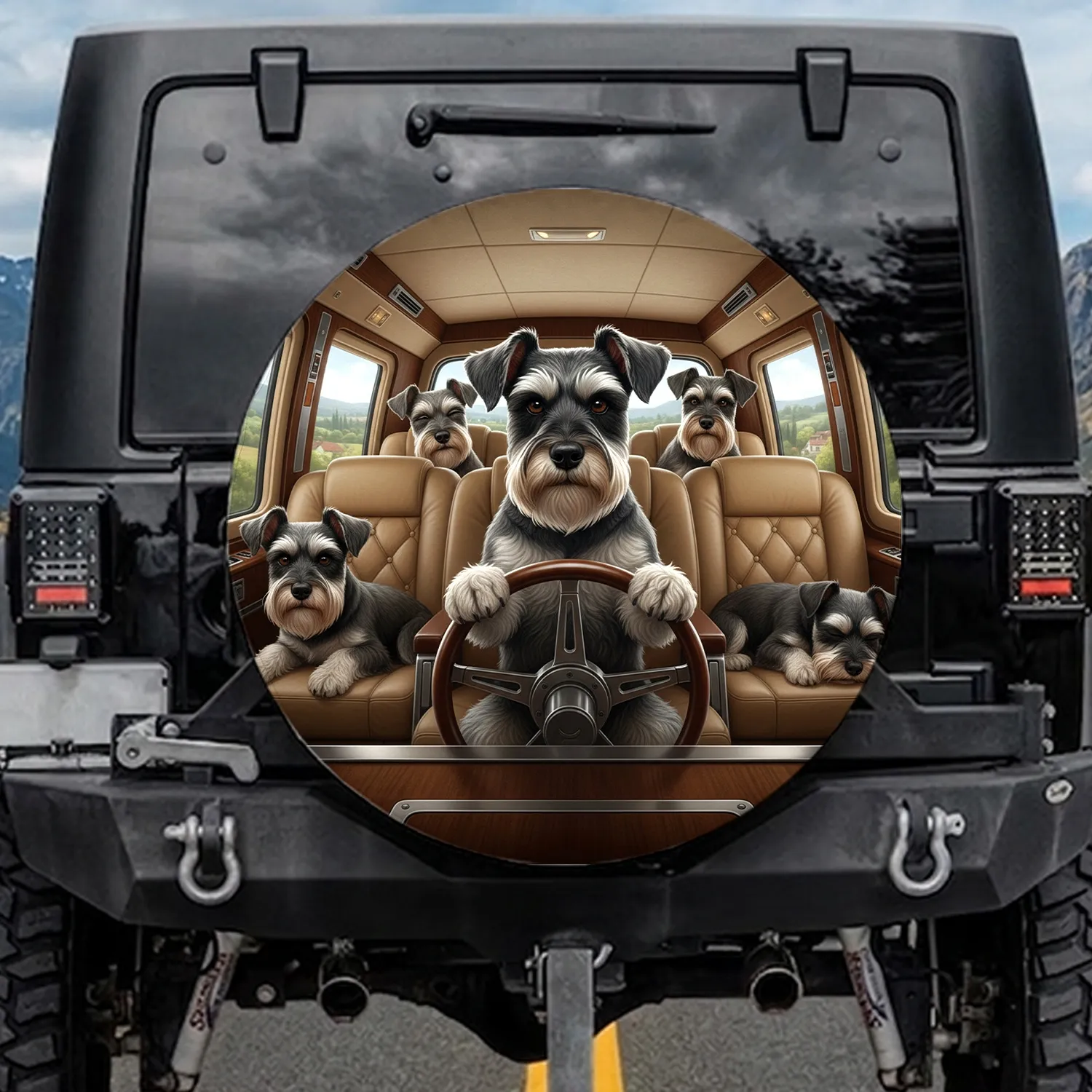 Lively Schnauzer Dog Group Luxurious Interior - Road Trip Enthusiast Gift Spare Tire Cover - 1