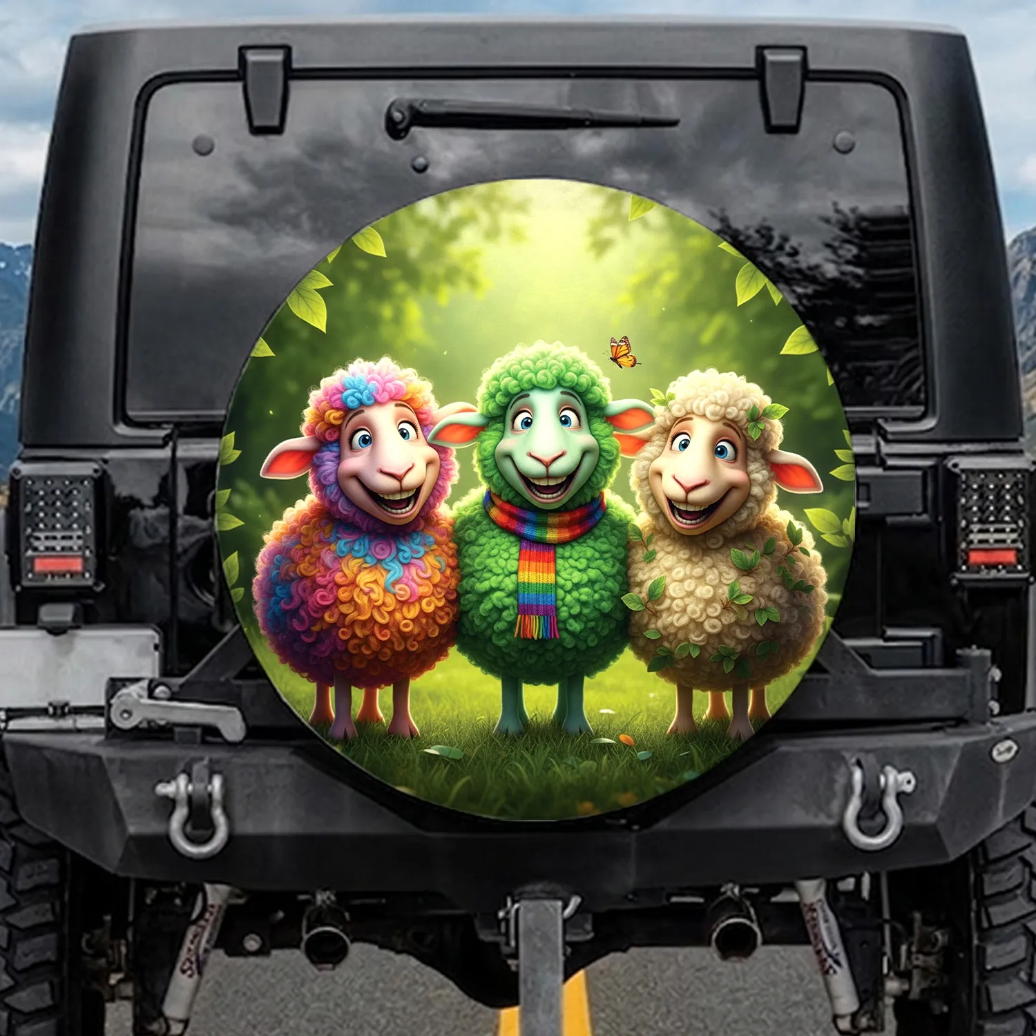 Cheerful Sheep Grassy Field Farmhouse Home Decor Gift for Animal Lover Spare Tire Cover - 1