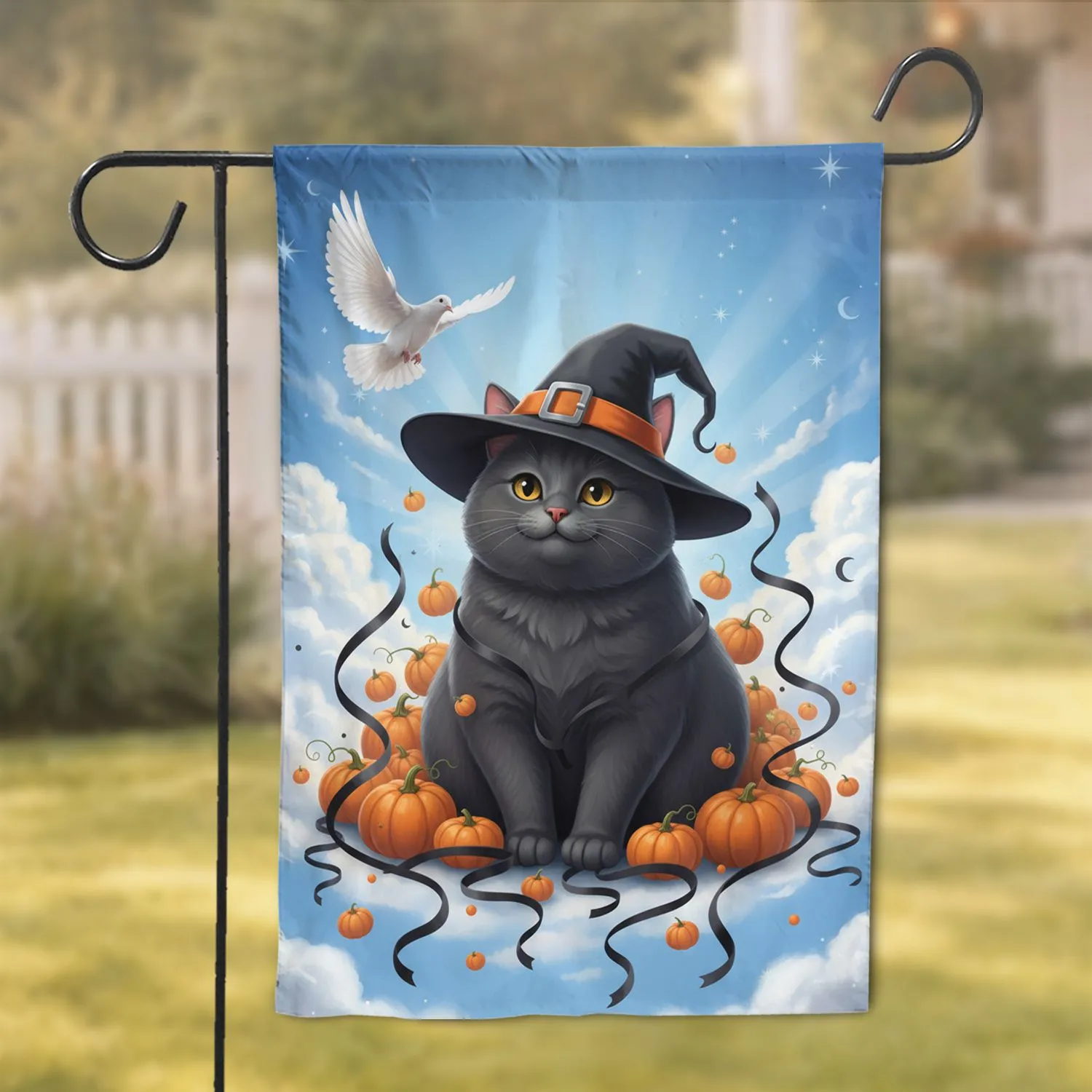Grey Cartoon Cat Witch Hat Orange Pumpkins White Dove Halloween Home Decor Gift for Cat Lover Garden Flag - 1