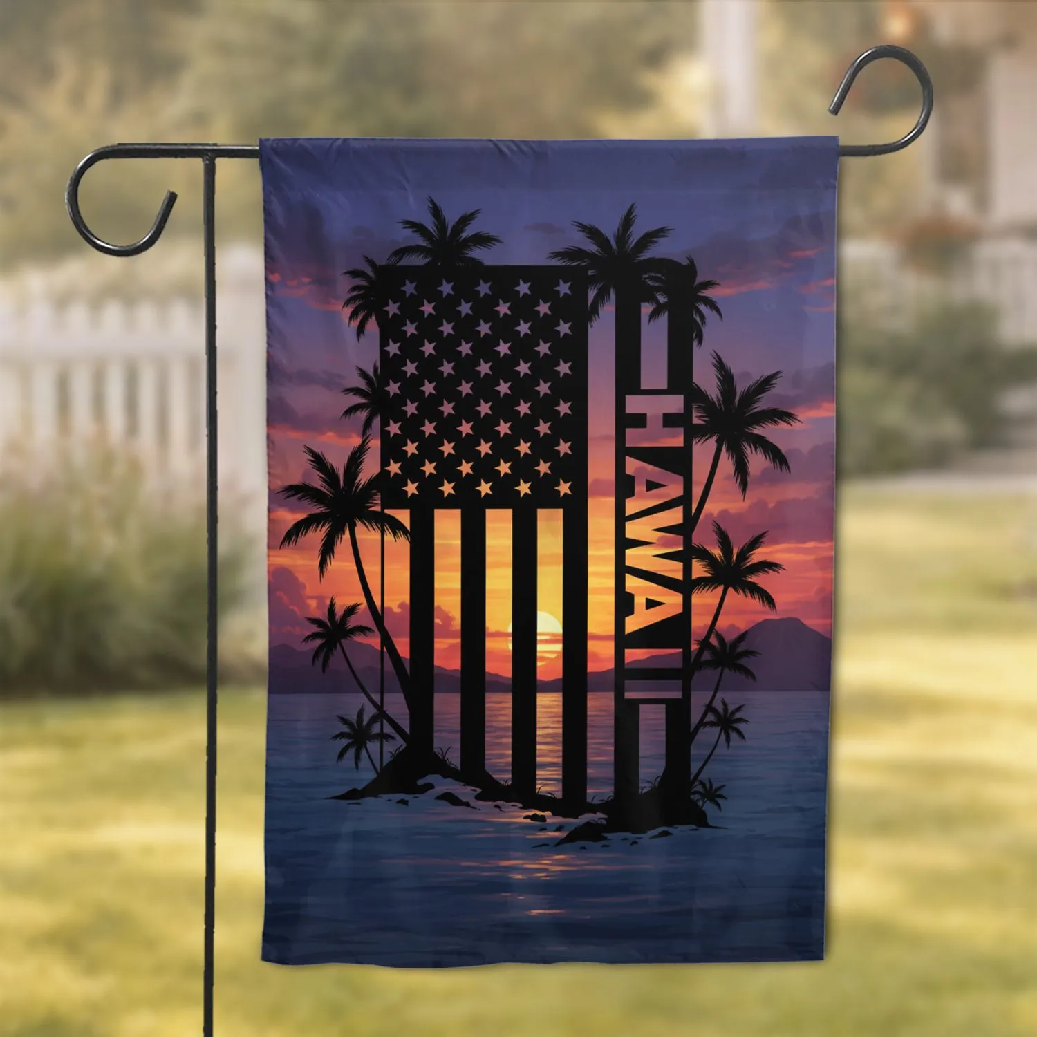 American Flag Hawaii Sunset Palm Trees Ocean - Tropical Home Decor Gift Garden Flag - 1