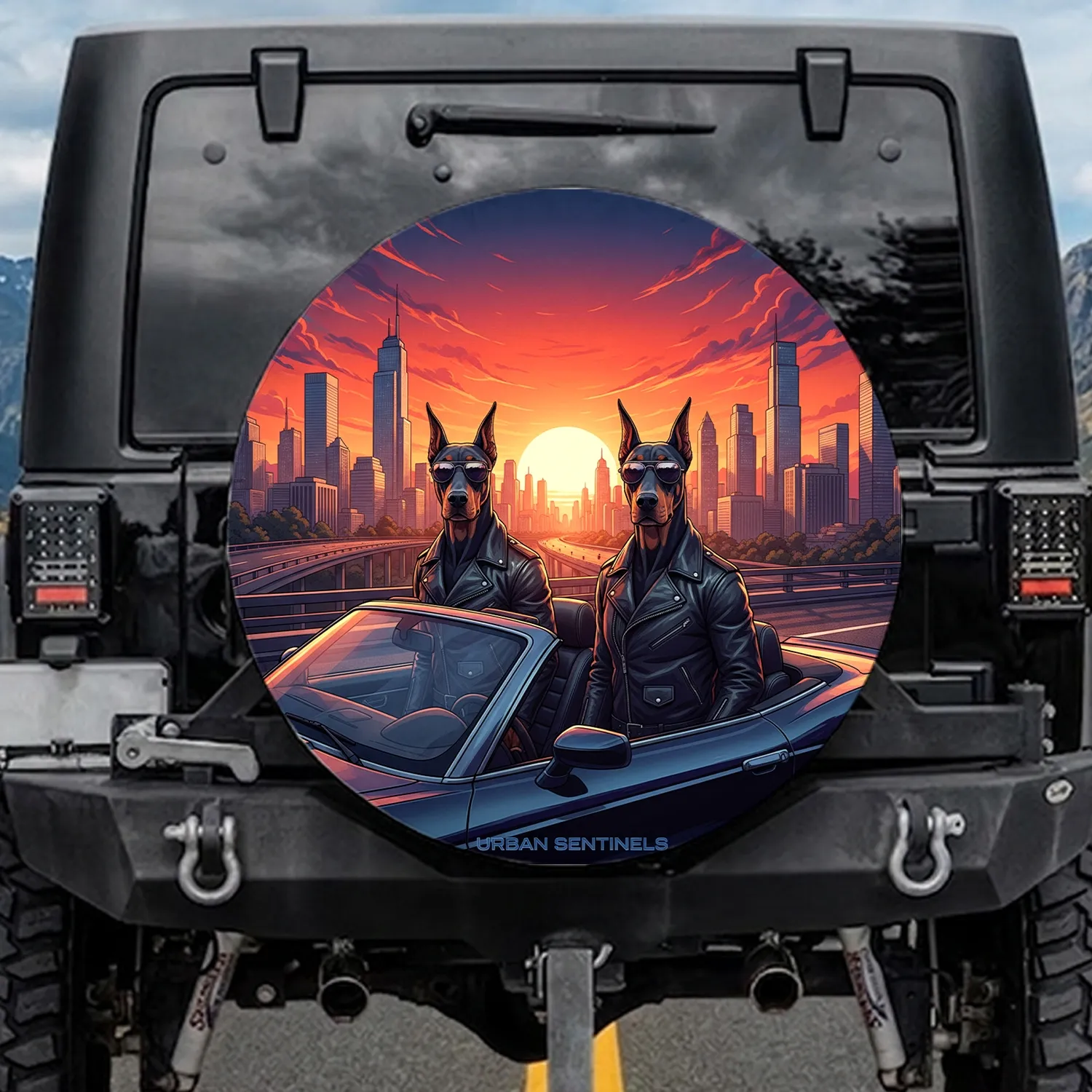 Doberman Dogs Convertible Sports Car Sunset City - Car Enthusiast Dog Lover Gift Spare Tire Cover - 1