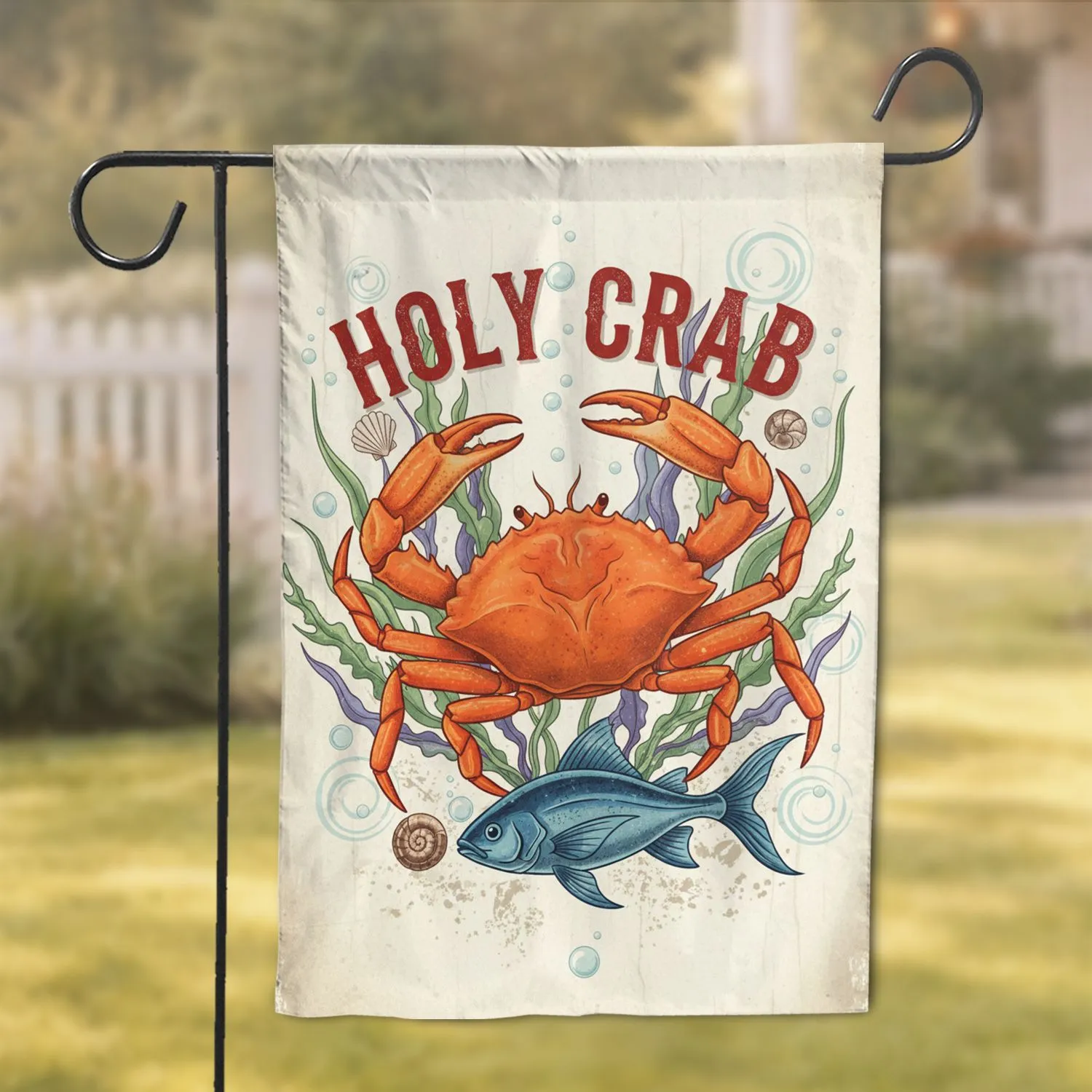 Holy Crab Orange Crab Blue Fish Maritime - Nautical Home Decor Gift for Seafood Lover Garden Flag - 1