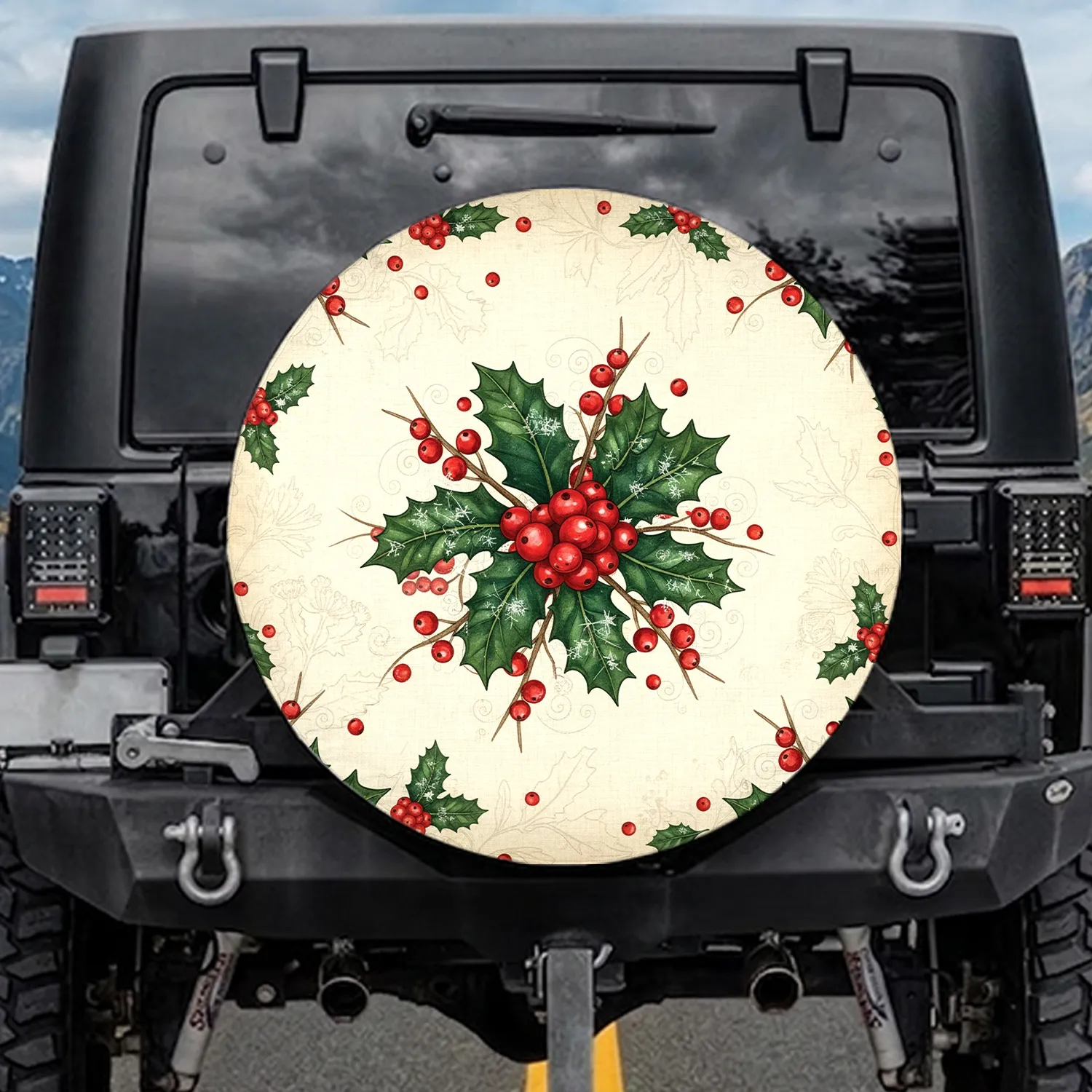 Holly Berries Leaves Winter Frost Parchment - Classic Vintage Christmas Gift Spare Tire Cover - 1