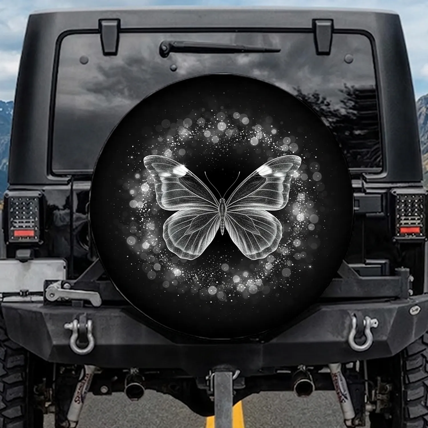 Majestic Silver-Grey Butterfly Sparkling Glitter Glowing Haze Premium Night-time Decor Gift Spare Tire Cover - 1