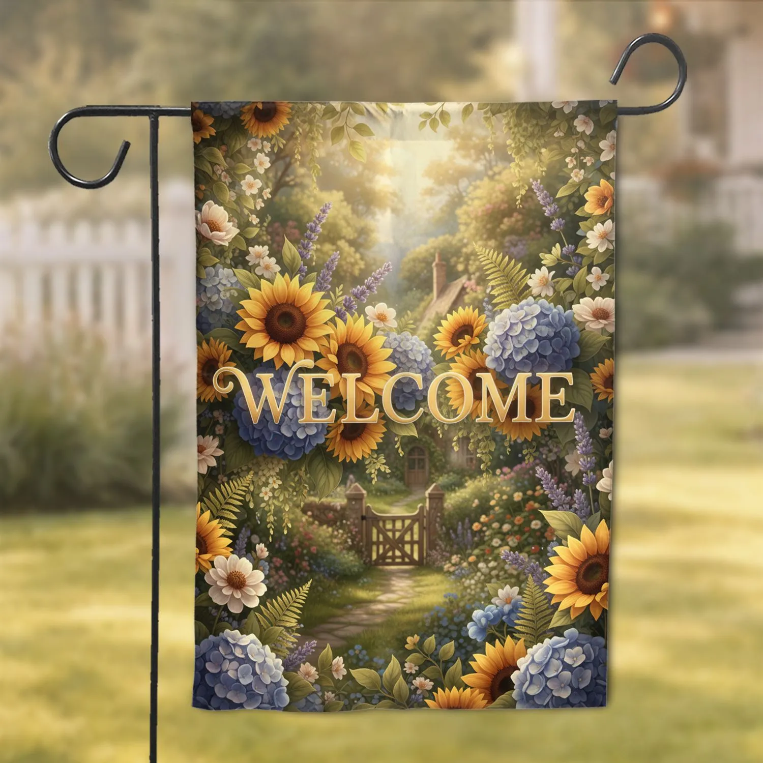 Welcome Script Sunflowers Hydrangeas Lavender Garden Gate - Outdoor Garden Decor Garden Flag - 1
