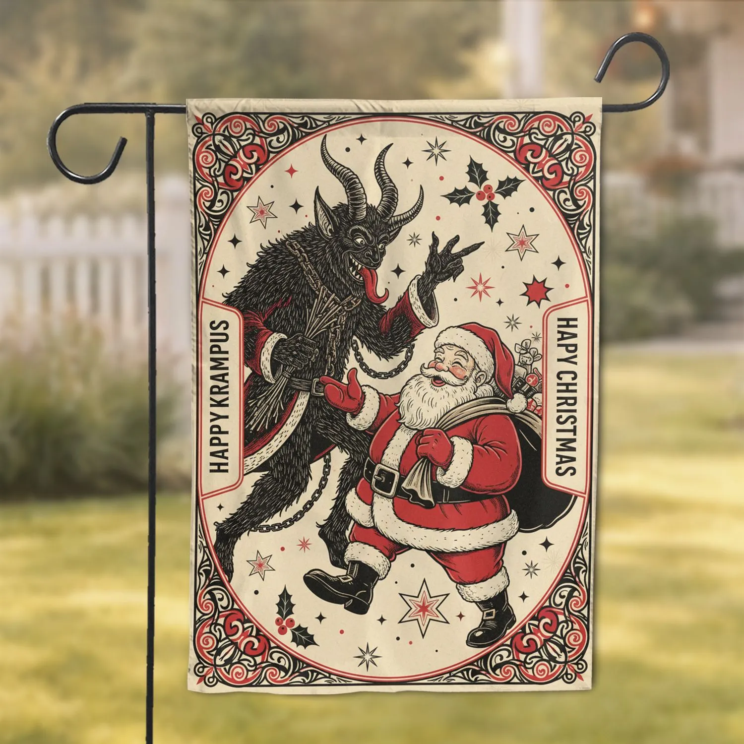 Krampus Santa Claus Holly Snowflake - Festive Christmas Holiday Gift Garden Flag - 1