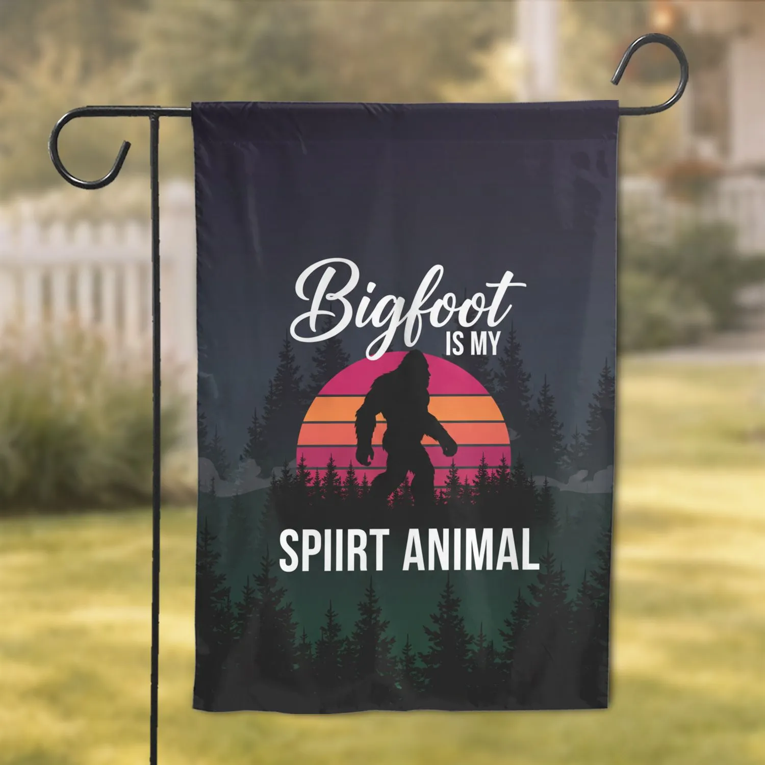 Bigfoot Spirit Animal Retro Sunset Twilight Forest - Cryptid Enthusiast Gift Garden Flag - 1