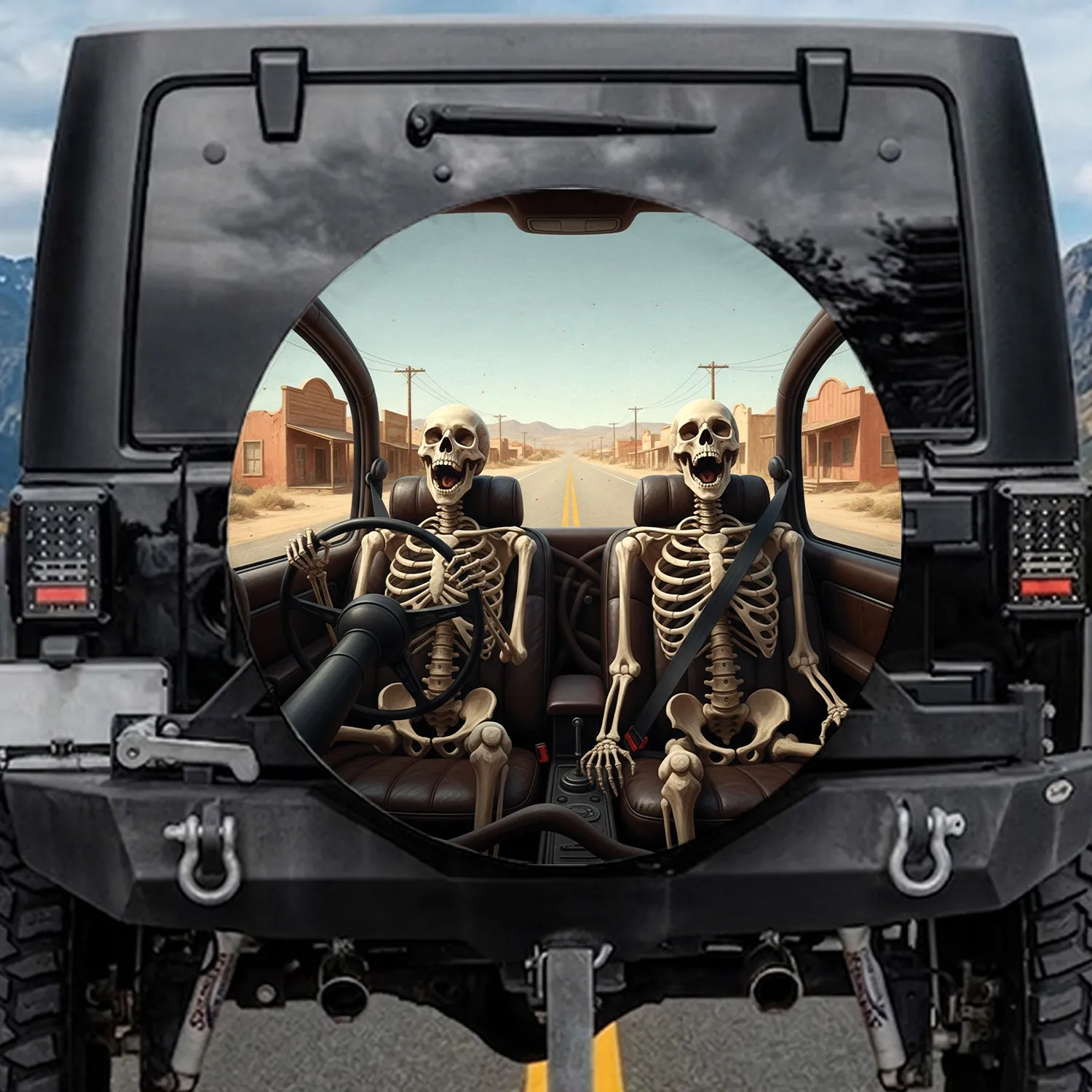 Exhilarated Skeletons Americana Road Trip - Driving Adventure Decor Spare Tire Cover - 1