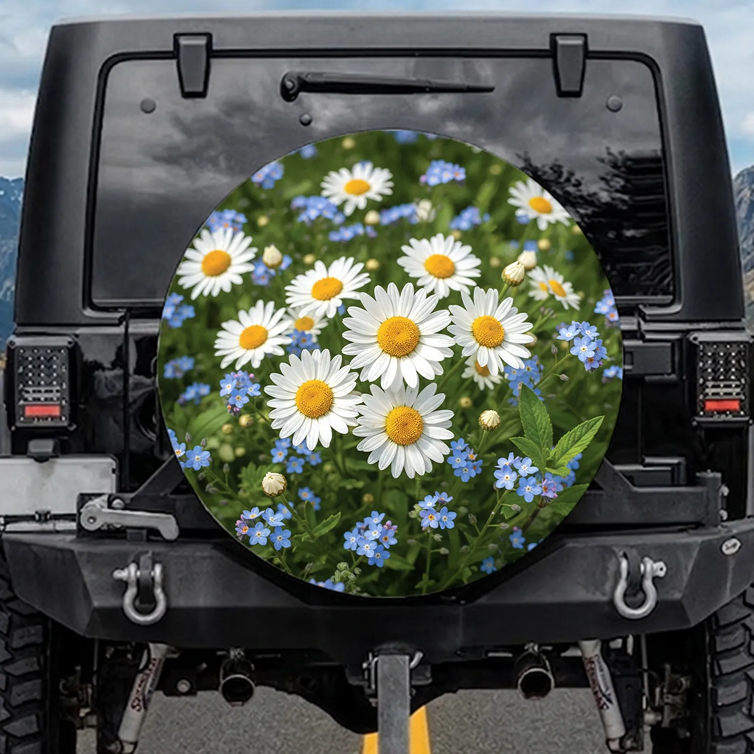 Large Pristine White Daisies Bright Yellow Centers Sky-Blue Forget-Me-Nots Green Foliage - Nature Lover Gift Spare Tire Cover - 1