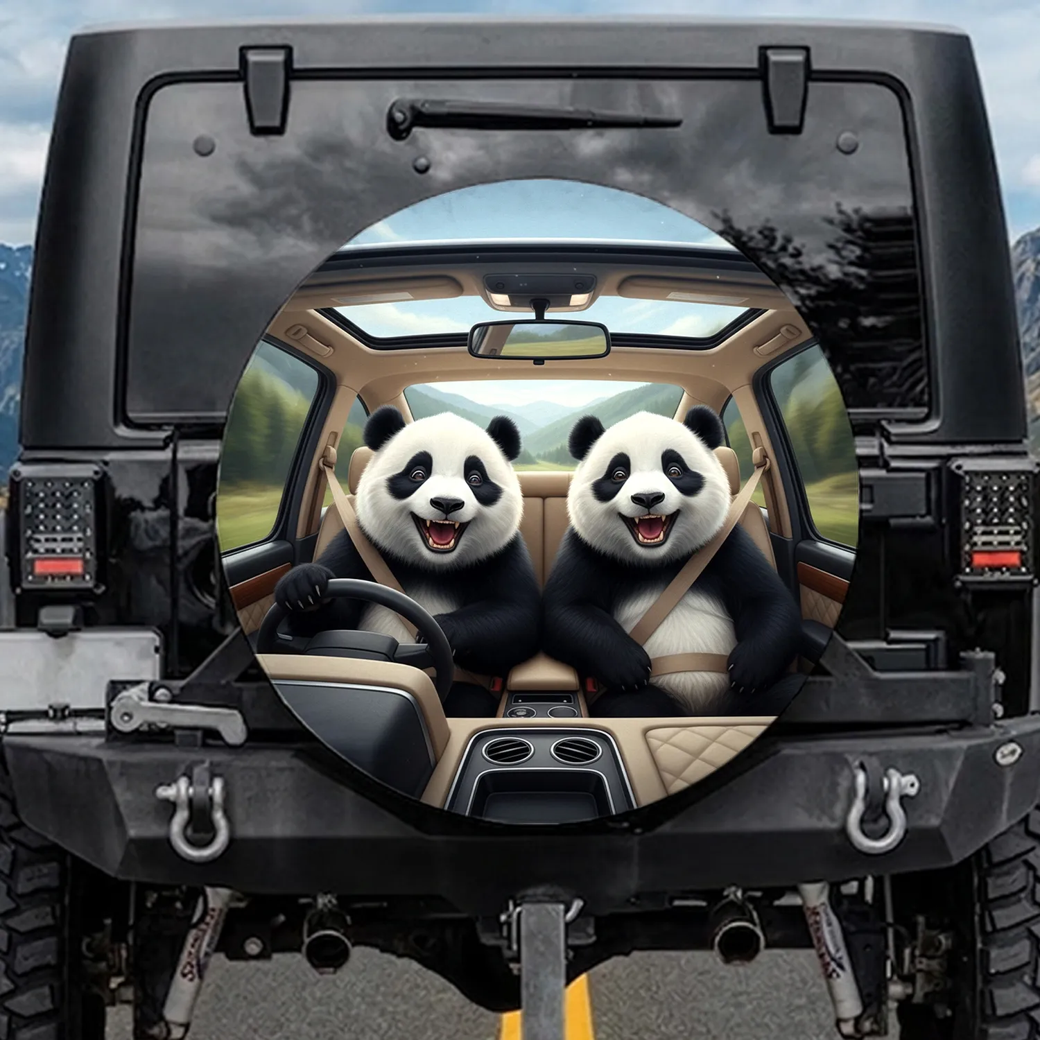 Fluffy Grinning Pandas Vehicle Ride - Road Trip Adventure Gift for Wildlife Lovers Spare Tire Cover - 1
