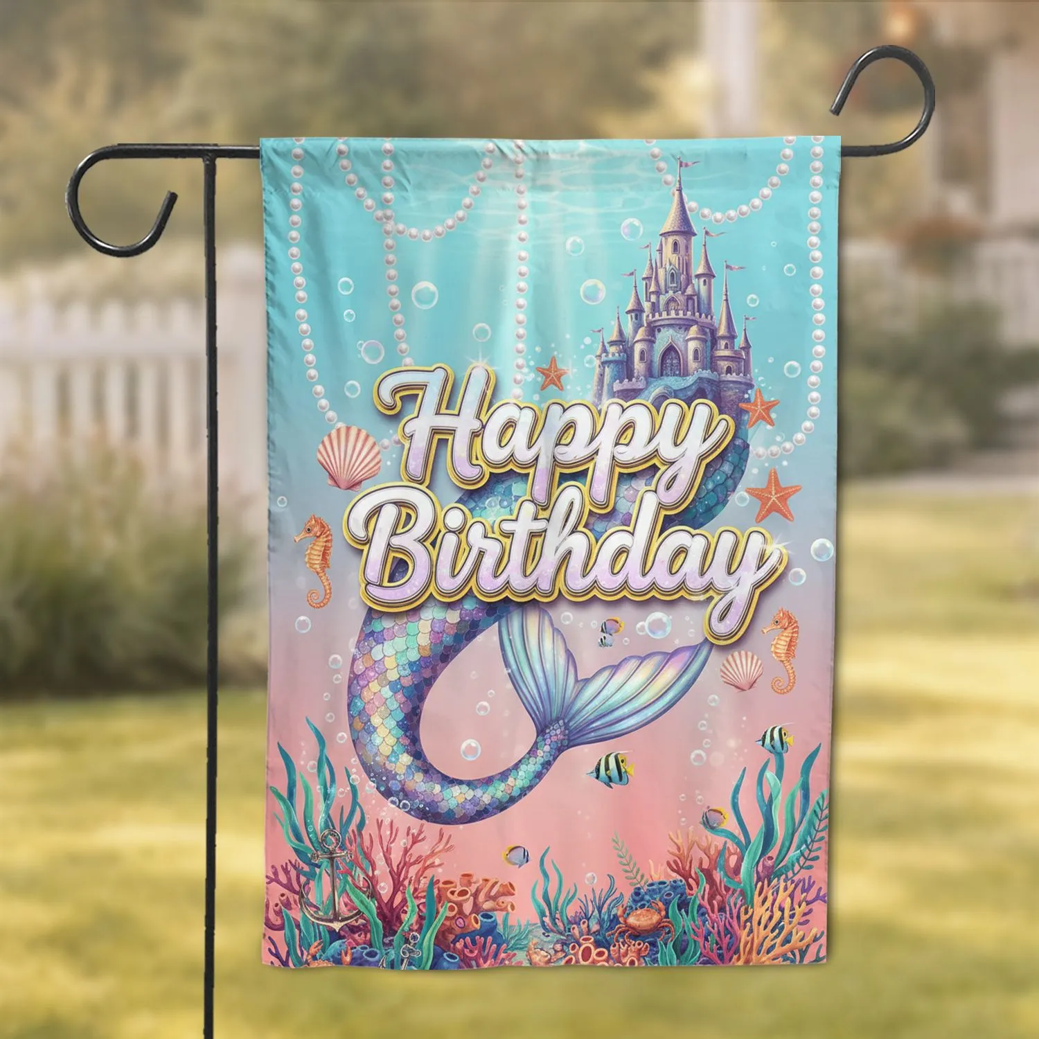 Happy Birthday Mermaid Castle - Birthday Celebration Gift Garden Flag - 1
