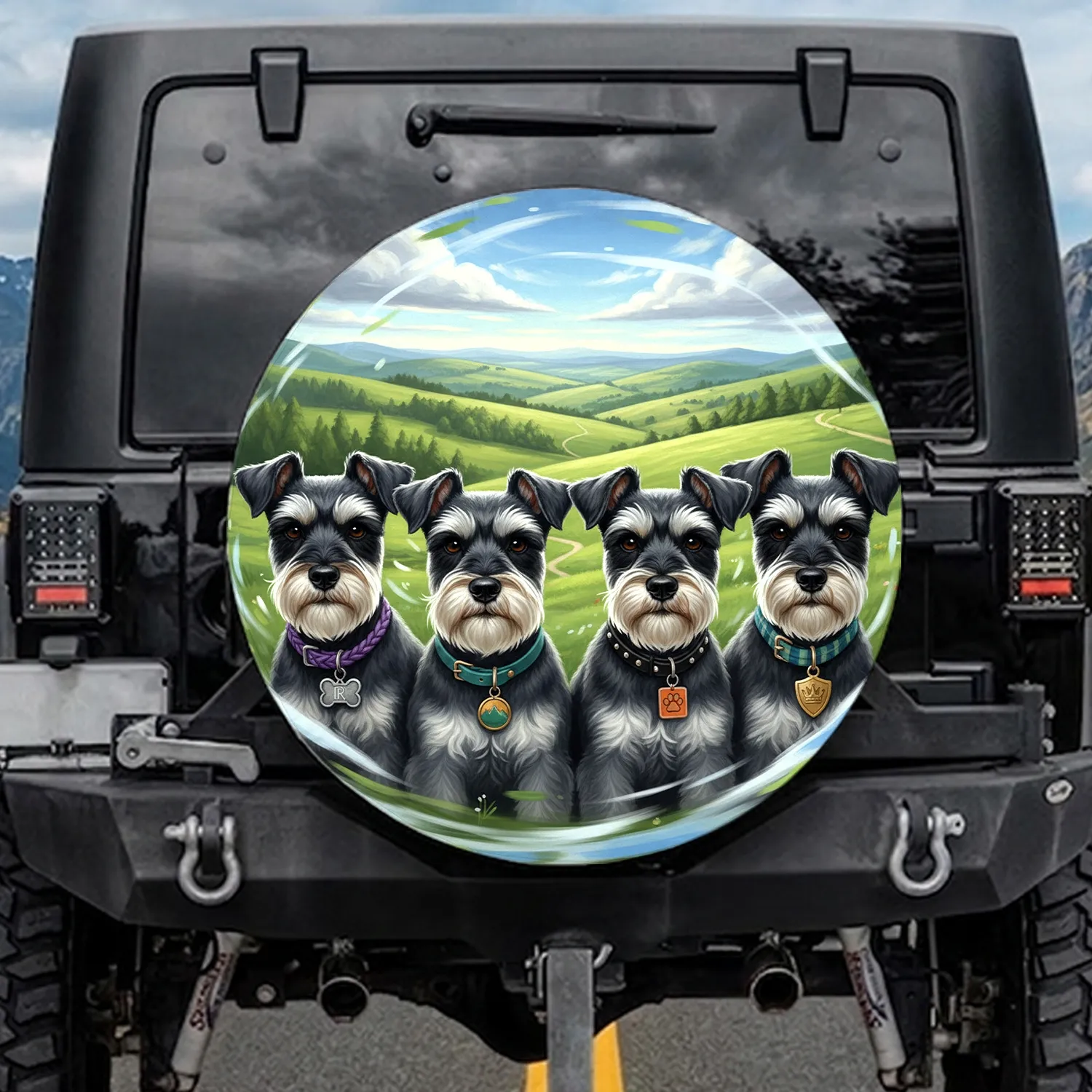 Miniature Schnauzers Rolling Hills Landscape - Dog Lover Travel Gift Spare Tire Cover - 1