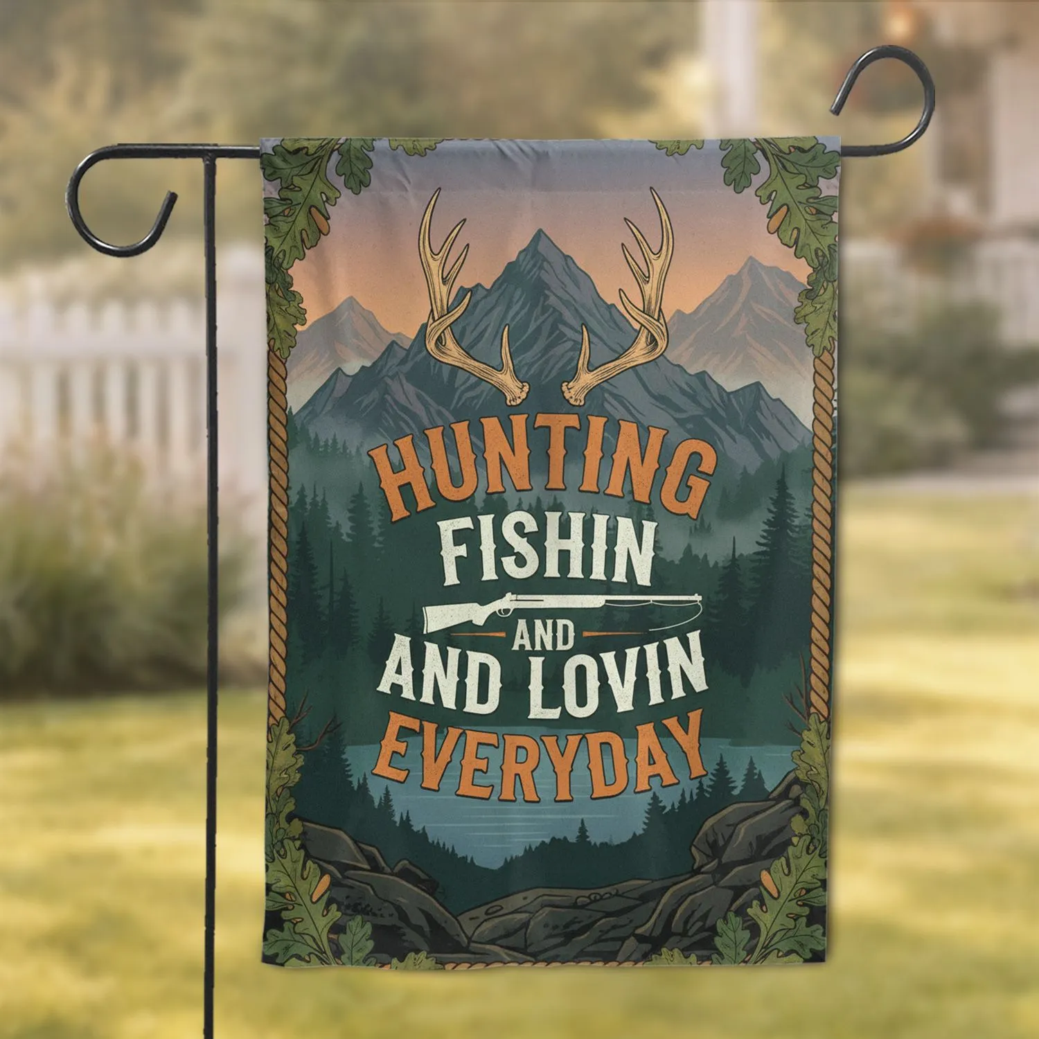 Hunting Fishing Deer Antlers Rifle Rod - Mountains Lake Outdoor Lifestyle Gift Garden Flag - 1
