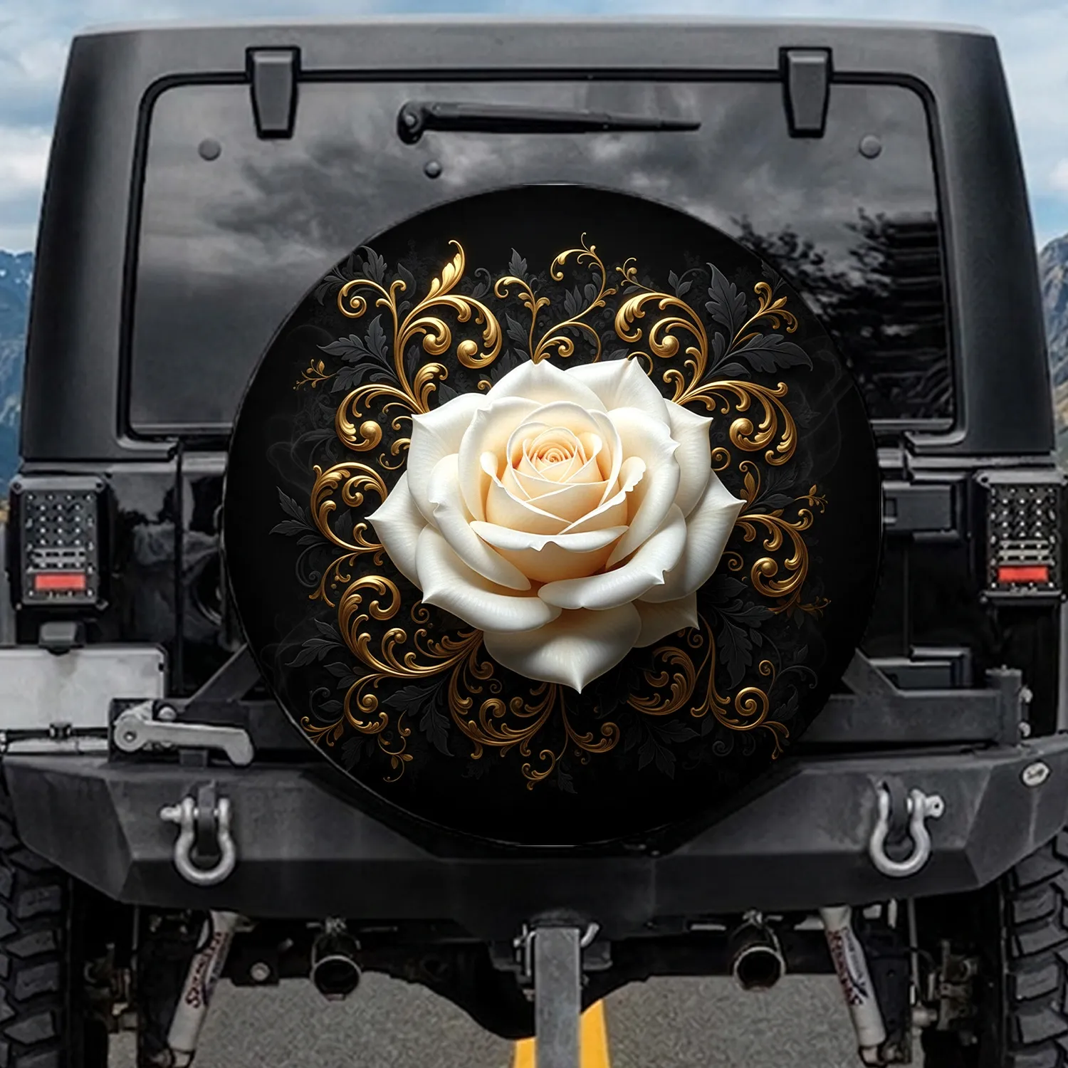 White Rose Gold Filigree Botanical - Everyday Luxury Decor Gift Spare Tire Cover - 1