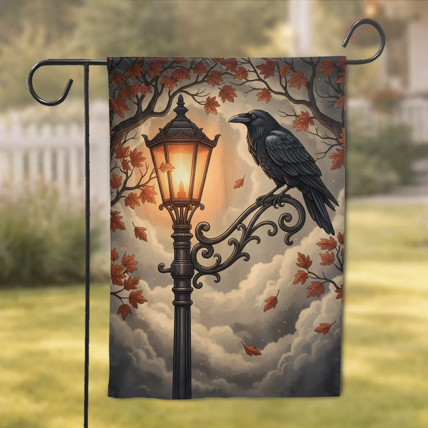 Gothic Raven Street Lamp Autumn Leaves - Halloween Home Decor Gift Garden Flag - 1