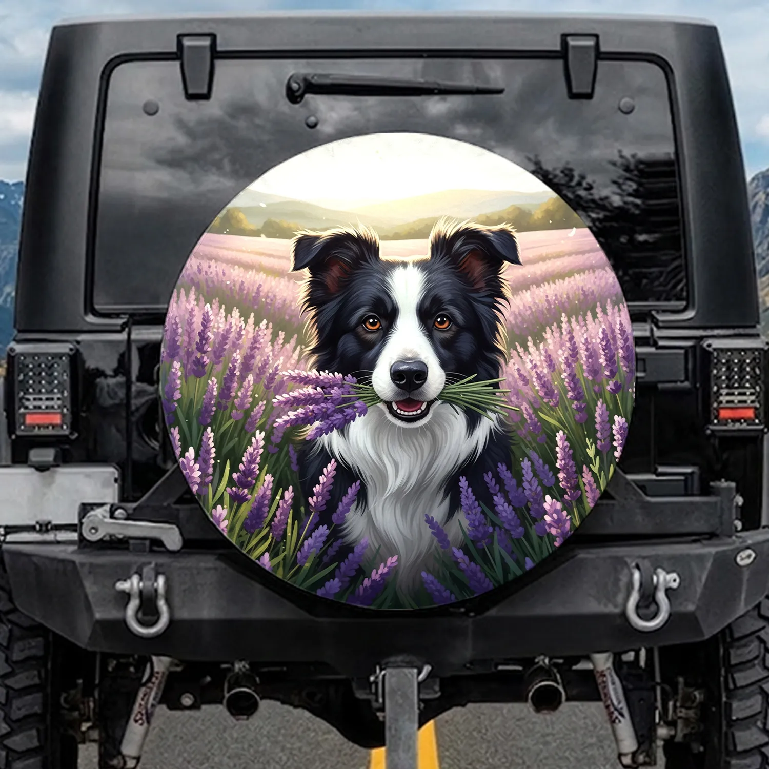 Border Collie Lavender Field Flowers - Dog Lover Home Decor Gift Spare Tire Cover - 1