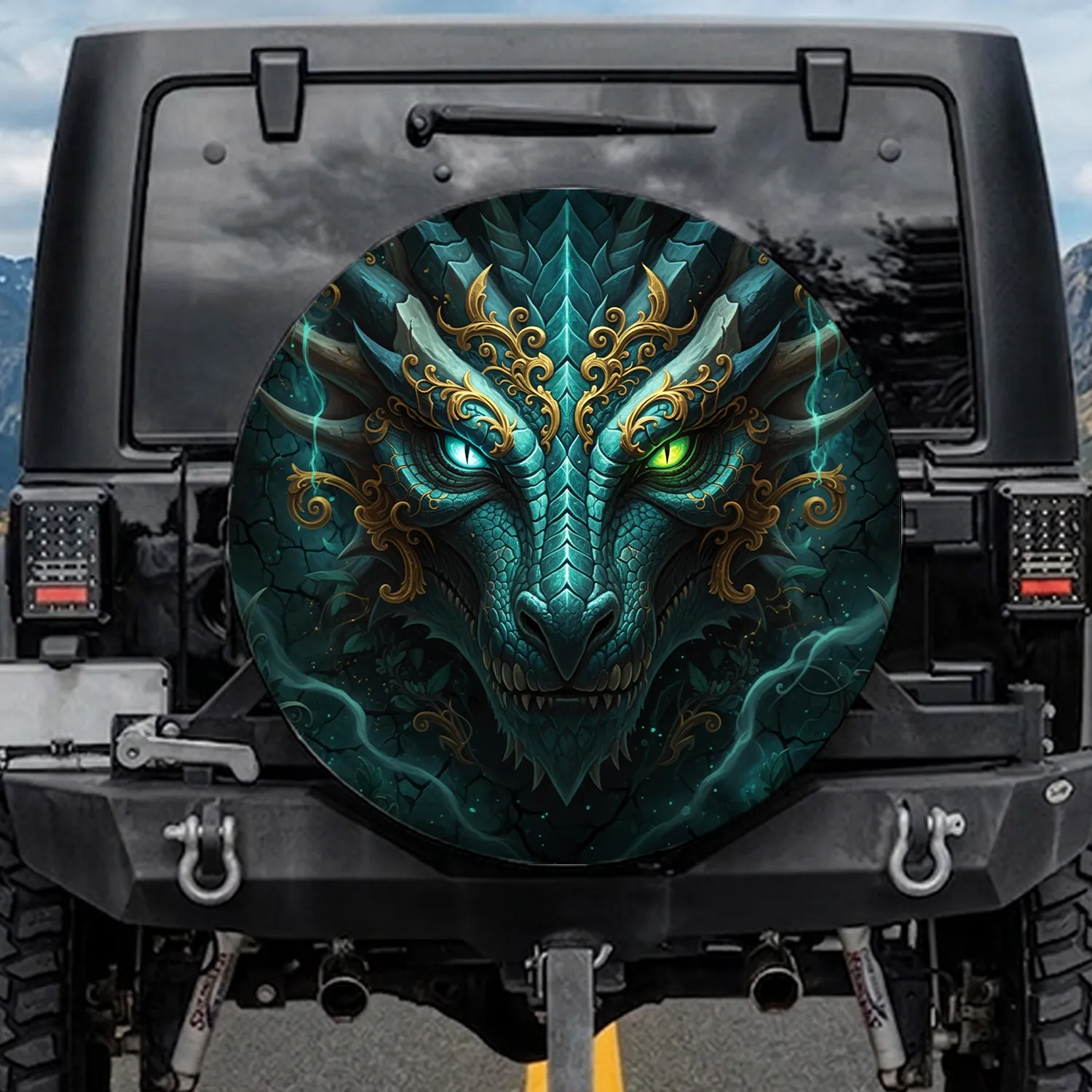 Majestic Dragon Teal Turquoise Scales Golden Filigree Glowing Aqua Lime Eyes - Fantasy Lover Gift Spare Tire Cover - 1