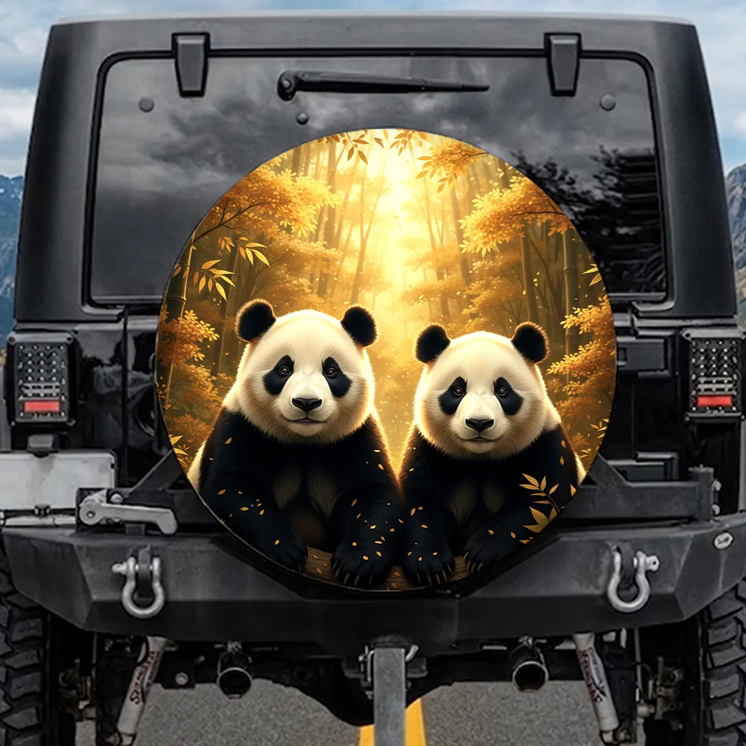 Gentle Realistic Giant Pandas Sunlit Golden Bamboo Grove - Wildlife Lover Gift Spare Tire Cover - 1