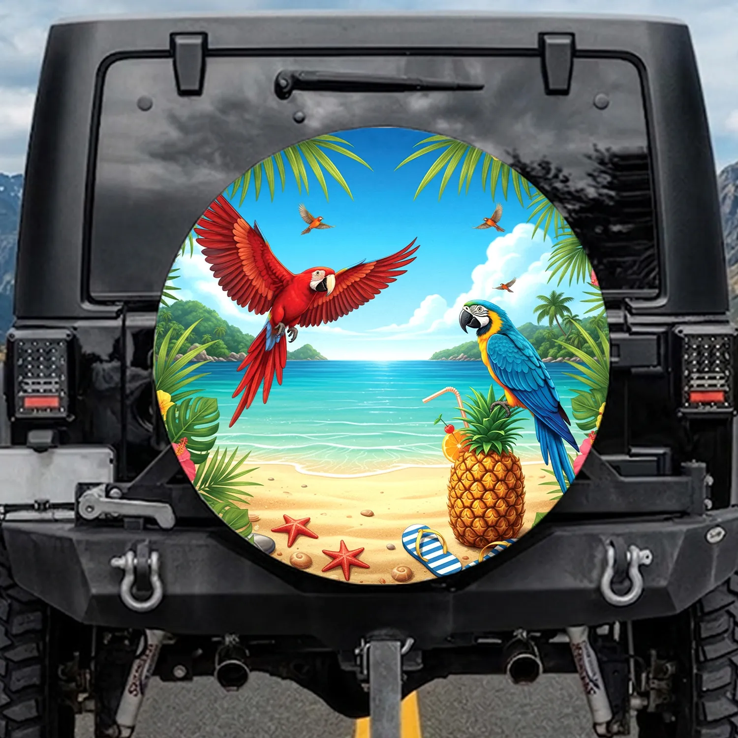 Red Blue Gold Macaws Tropical Beach Ocean Island Scene - Beach Lover Vacation Gift Spare Tire Cover - 1