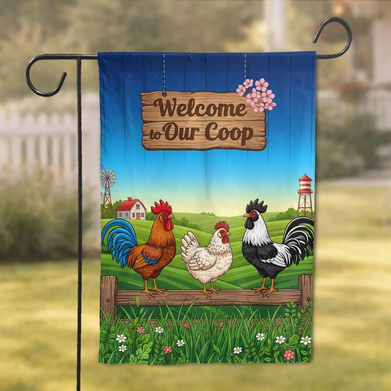 Farm Chickens Rooster Welcome to Our Coop Sign - Farmhouse Decor Gift for Chicken Lover Garden Flag - 1