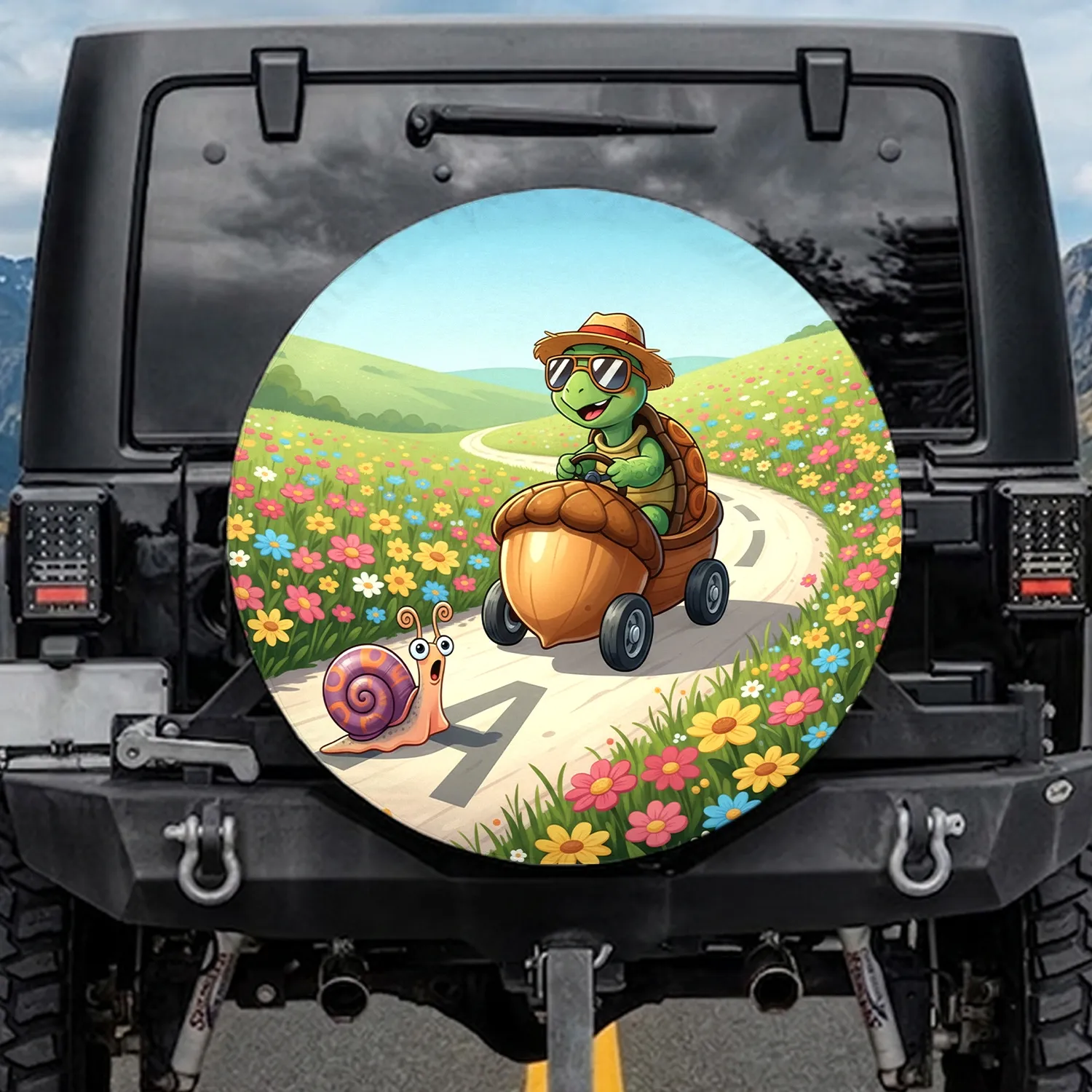 Cartoon Turtle Driving Snail Letter A - Kids Road Trip Gift Spare Tire Cover - 1