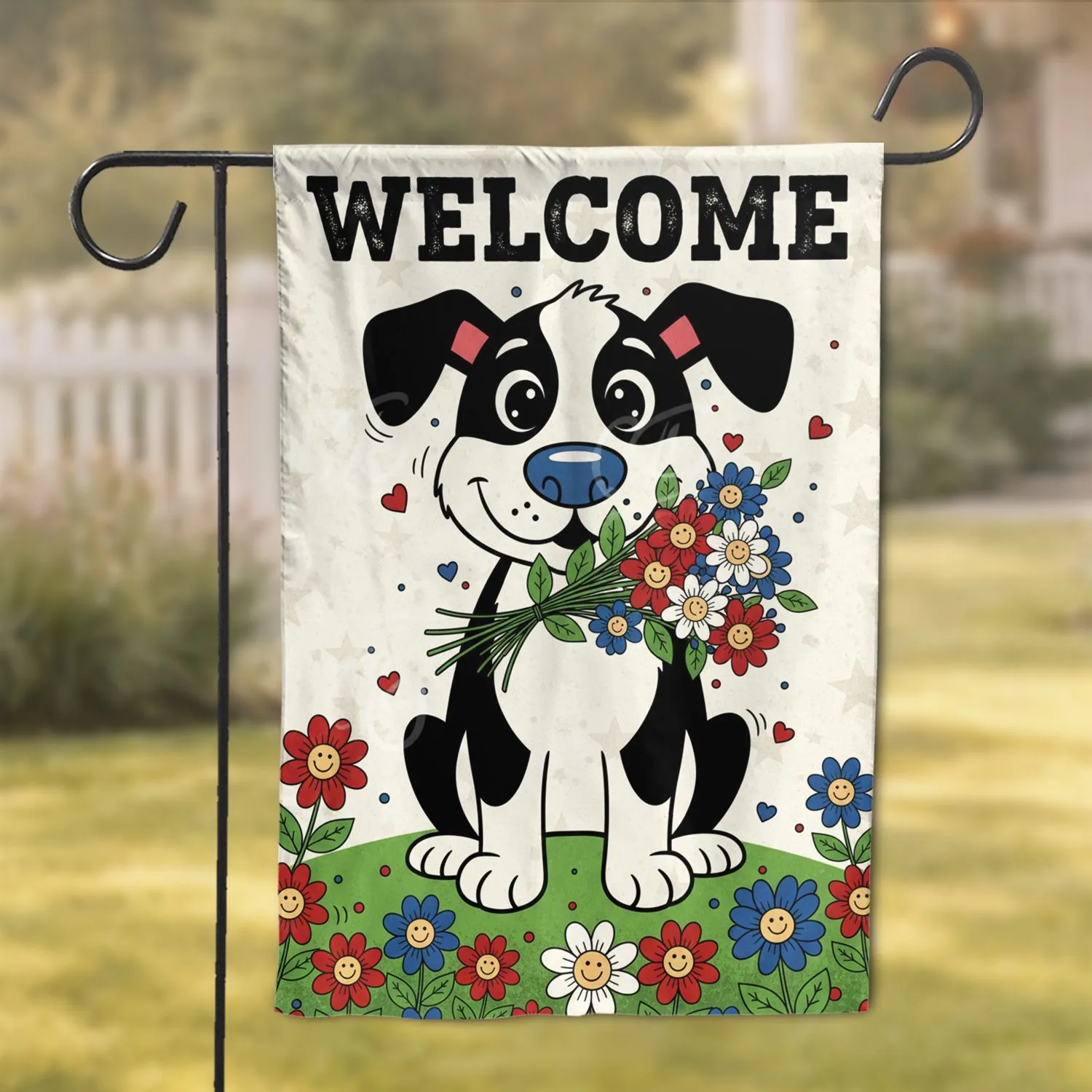 Black White Dog Tulips Daisies Welcome Sign - Thoughtful Entryway Outdoor Home Decor Garden Flag - 1