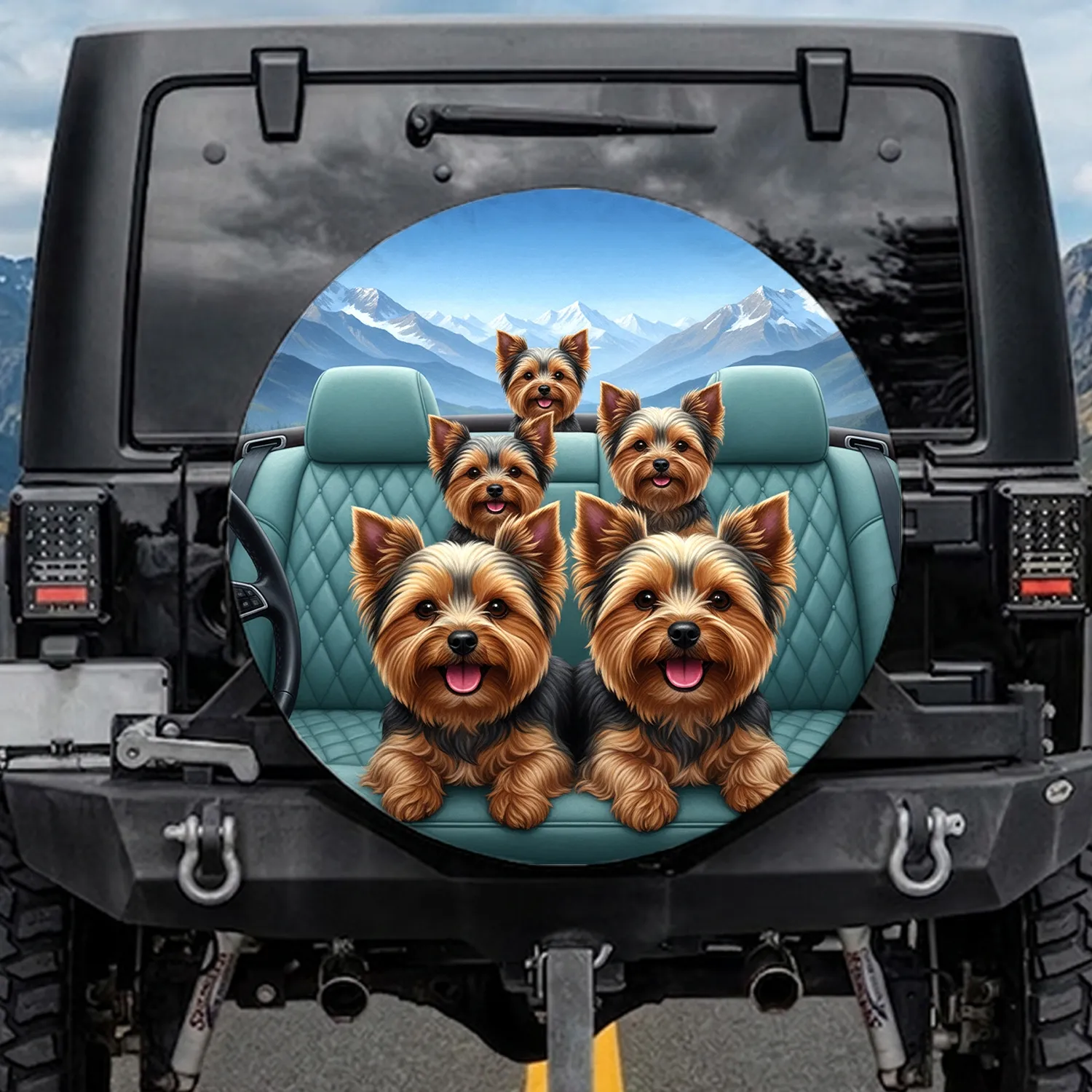 Five Happy Yorkshire Terriers Mountain Scene - Dog Lover Vehicle Accessory Gift Spare Tire Cover - 1