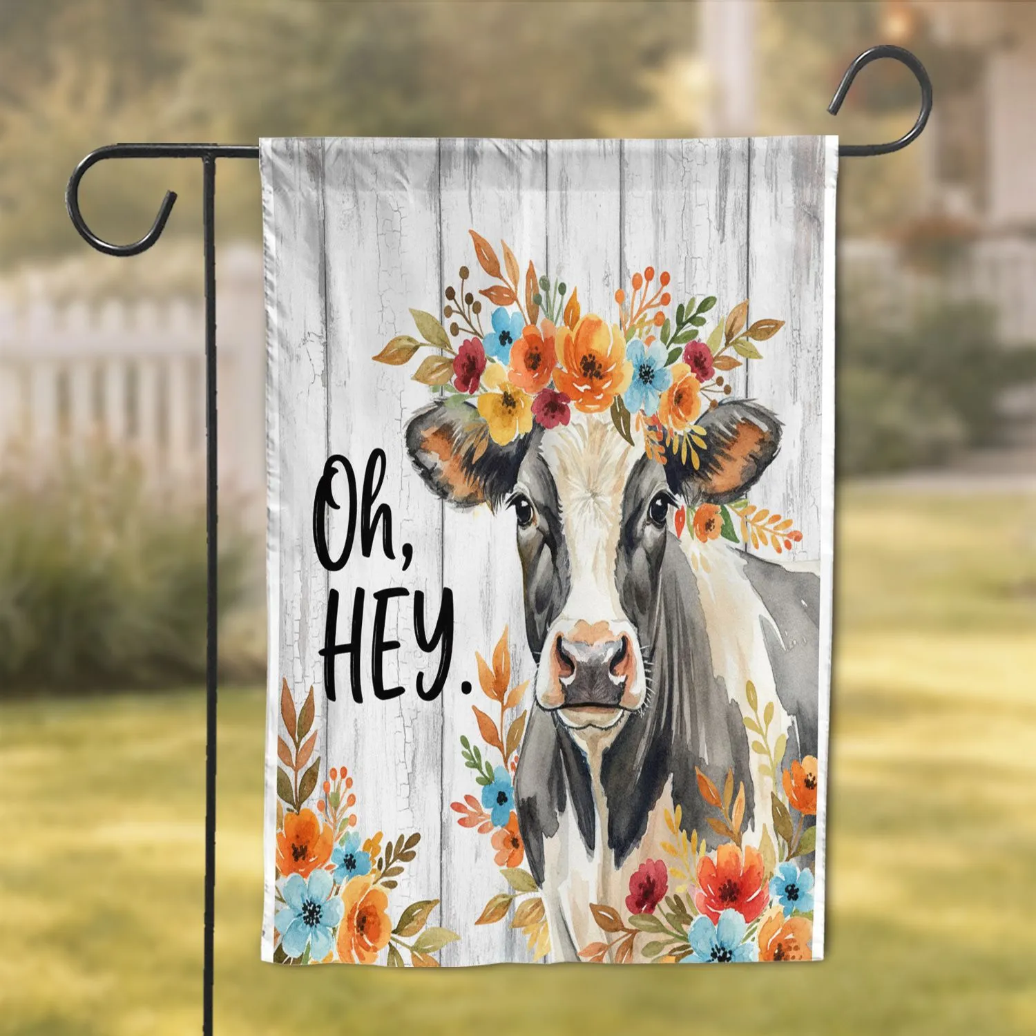 Friendly Dairy Cow Floral Crown 'Oh, HEY.' - Farmhouse Home Decor for Cow Lovers Garden Flag - 1