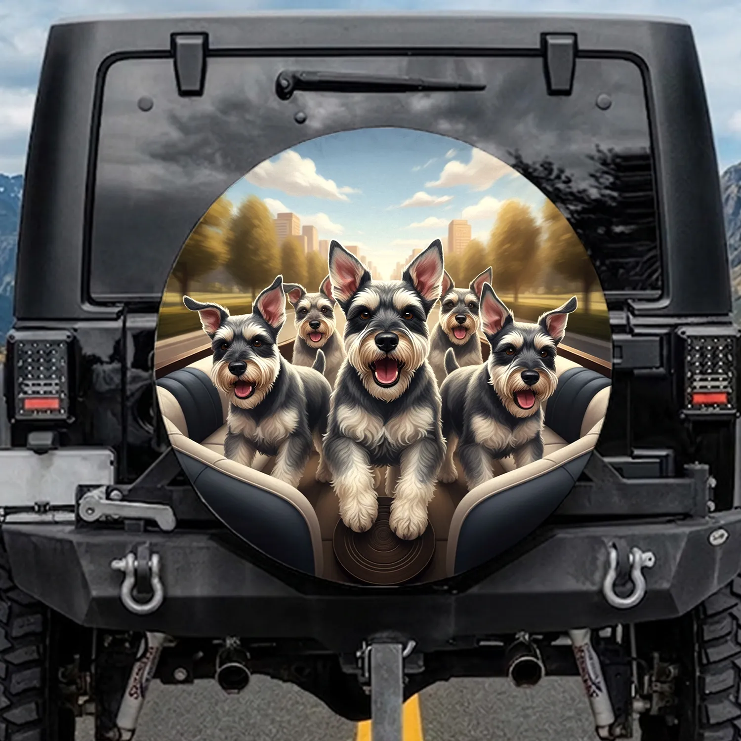 Cheerful Schnauzers Scenic Drive - Dog Lover Adventure Travel Gift Spare Tire Cover - 1