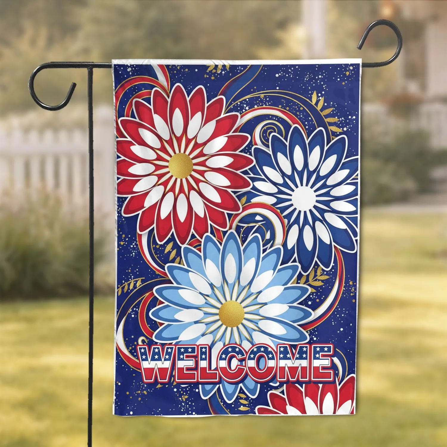 WELCOME Three Flowers Green Leaves Paint Splatters - Home Welcome Decor Gift Garden Flag - 1