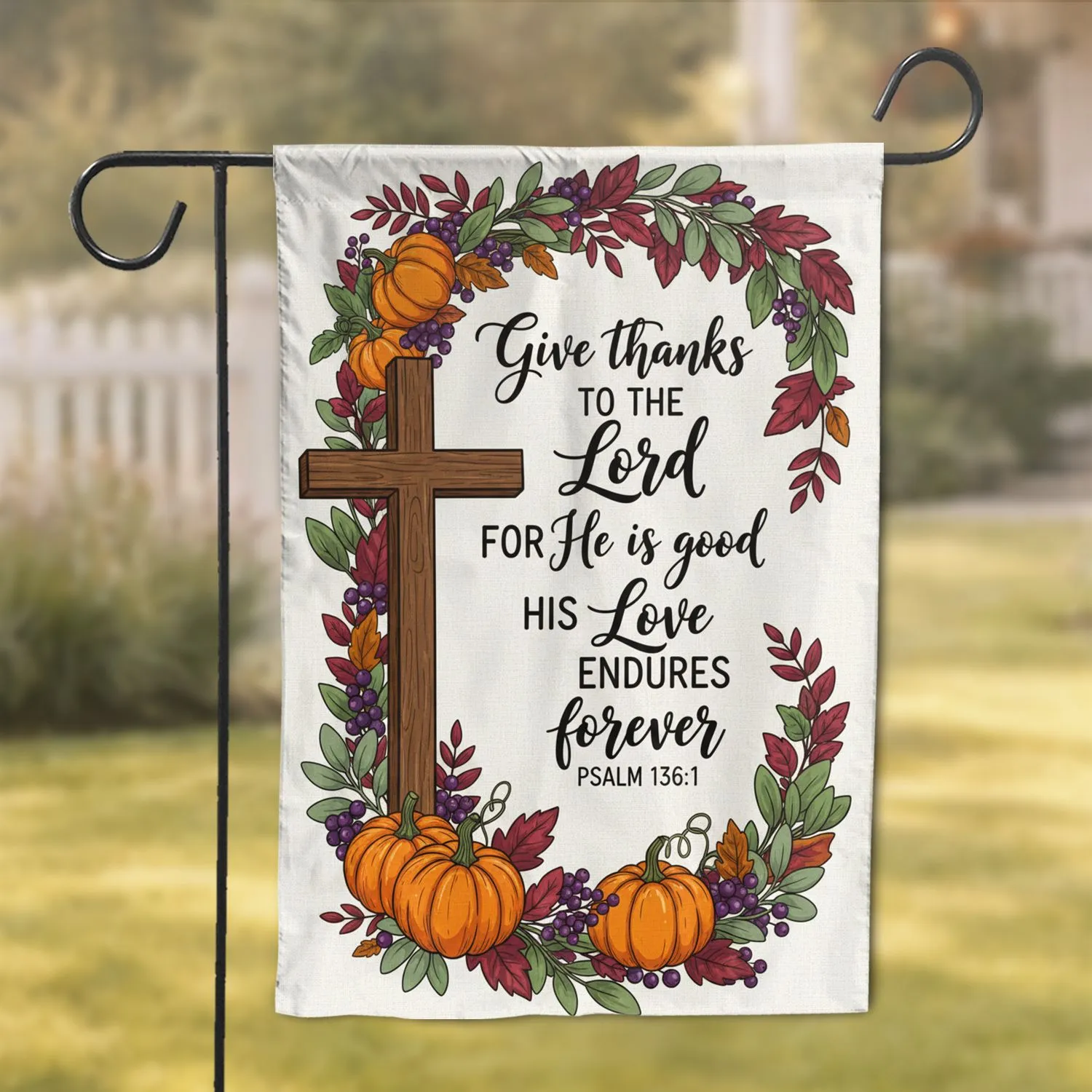 Give Thanks Scripture Cross Autumn Pumpkins - Farmhouse Fall Thanksgiving Decor Garden Flag - 1