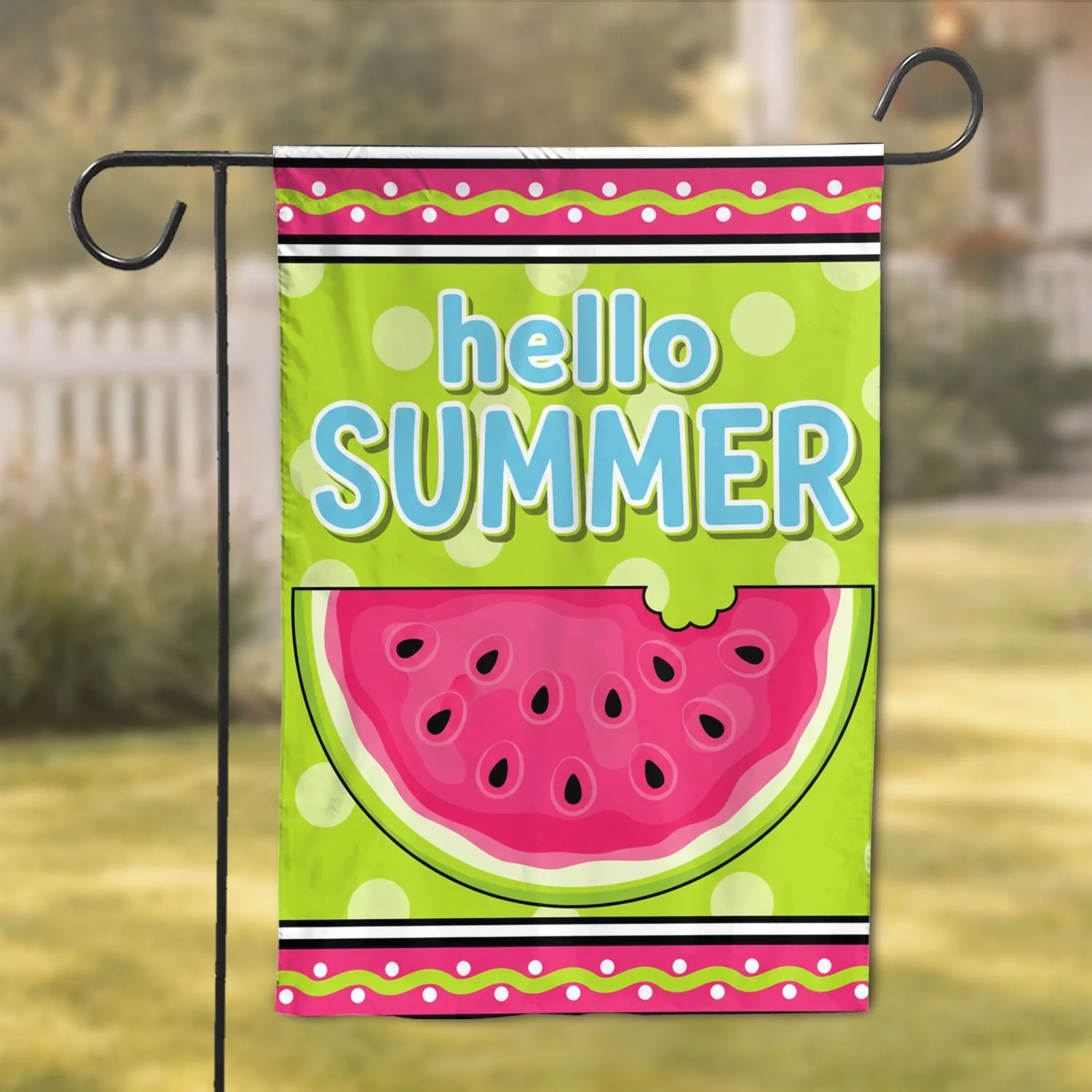 hello SUMMER Watermelon Hot Pink Lime Green Polka Dot Stripe - Summer Decor Gift Garden Flag - 1