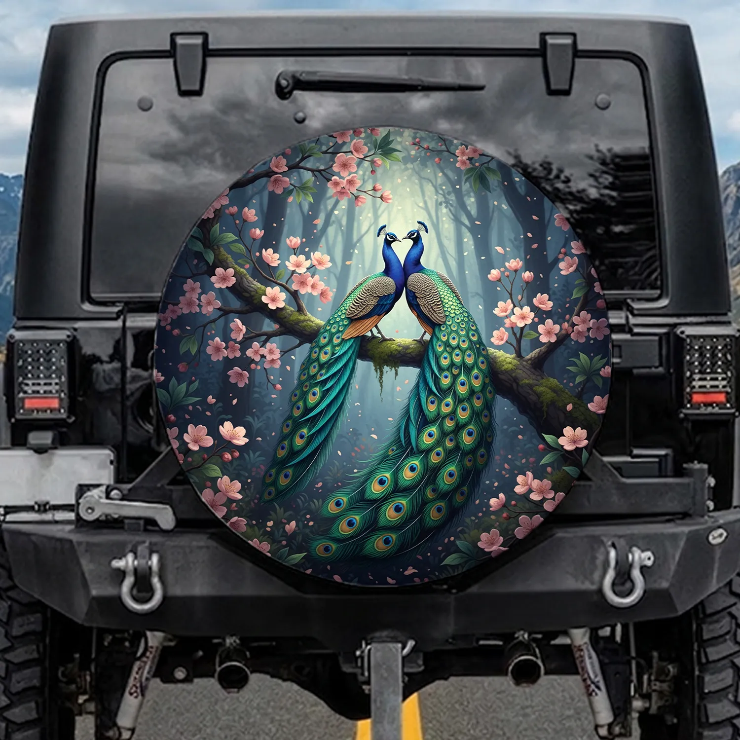 Indian Peacocks Cascading Tail Feathers Cherry Blossoms Lush Forest - Wildlife Lover Gift Spare Tire Cover - 1