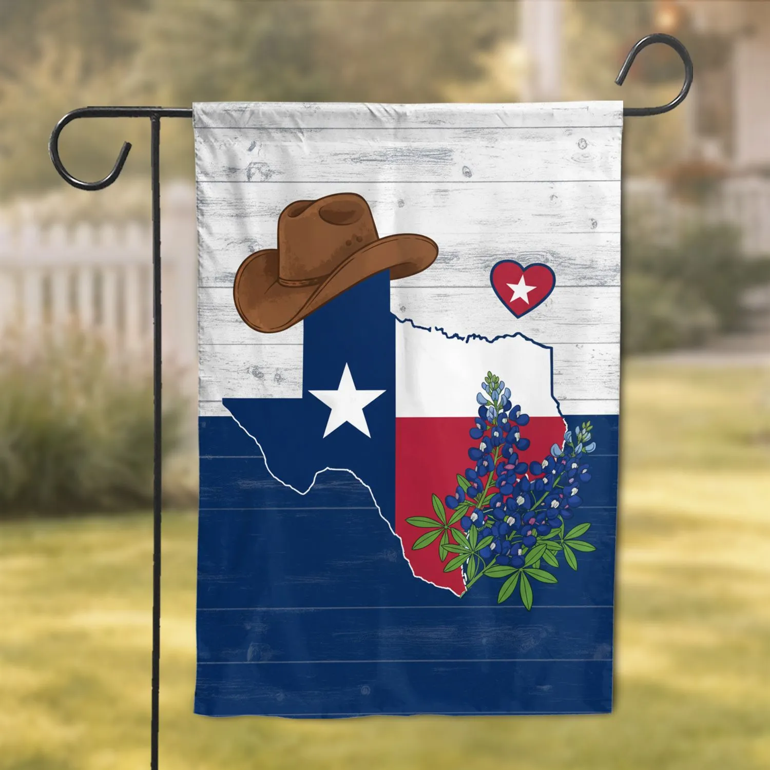 Texas State Star Cowboy Hat Bluebonnets Heart - Texas Lover Home Decor Gift Garden Flag - 1