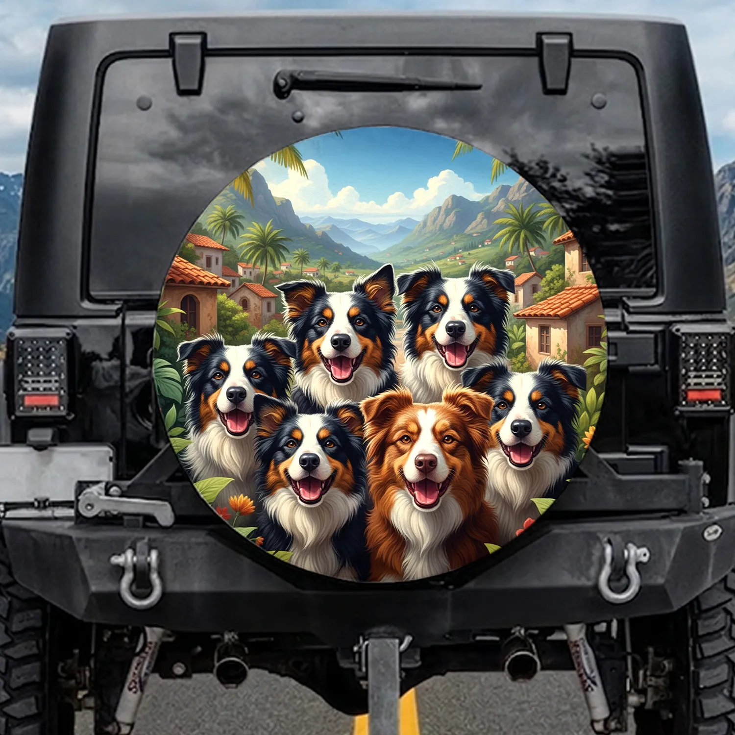 Happy Border Collies Australian Shepherd Tropical Village - Road Trip Dog Lover Gift Spare Tire Cover - 1