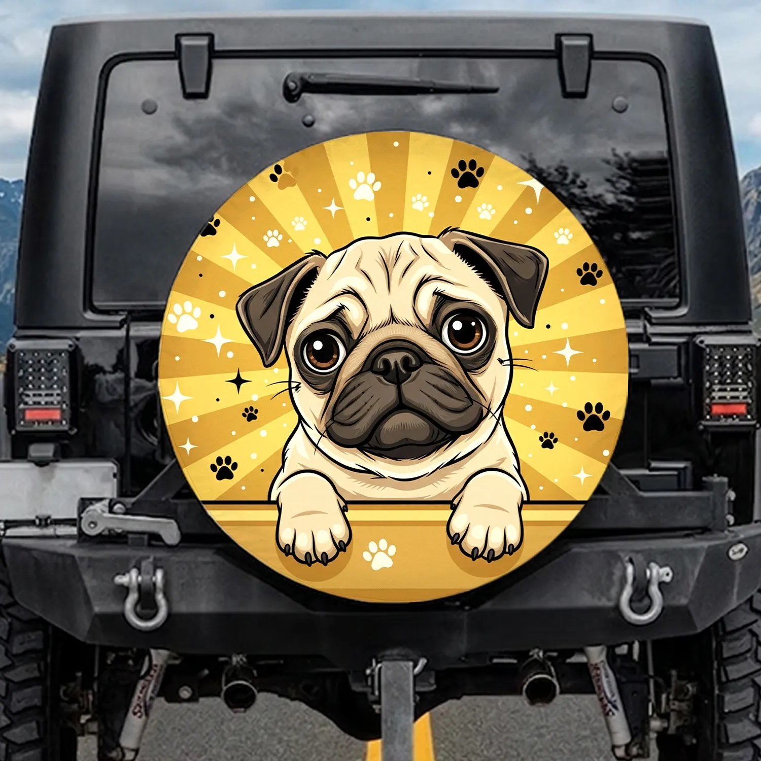 Pug Puppy Paw Prints Stars Golden Yellow Sunburst - Dog Lover Auto Accessory Gift Spare Tire Cover - 1