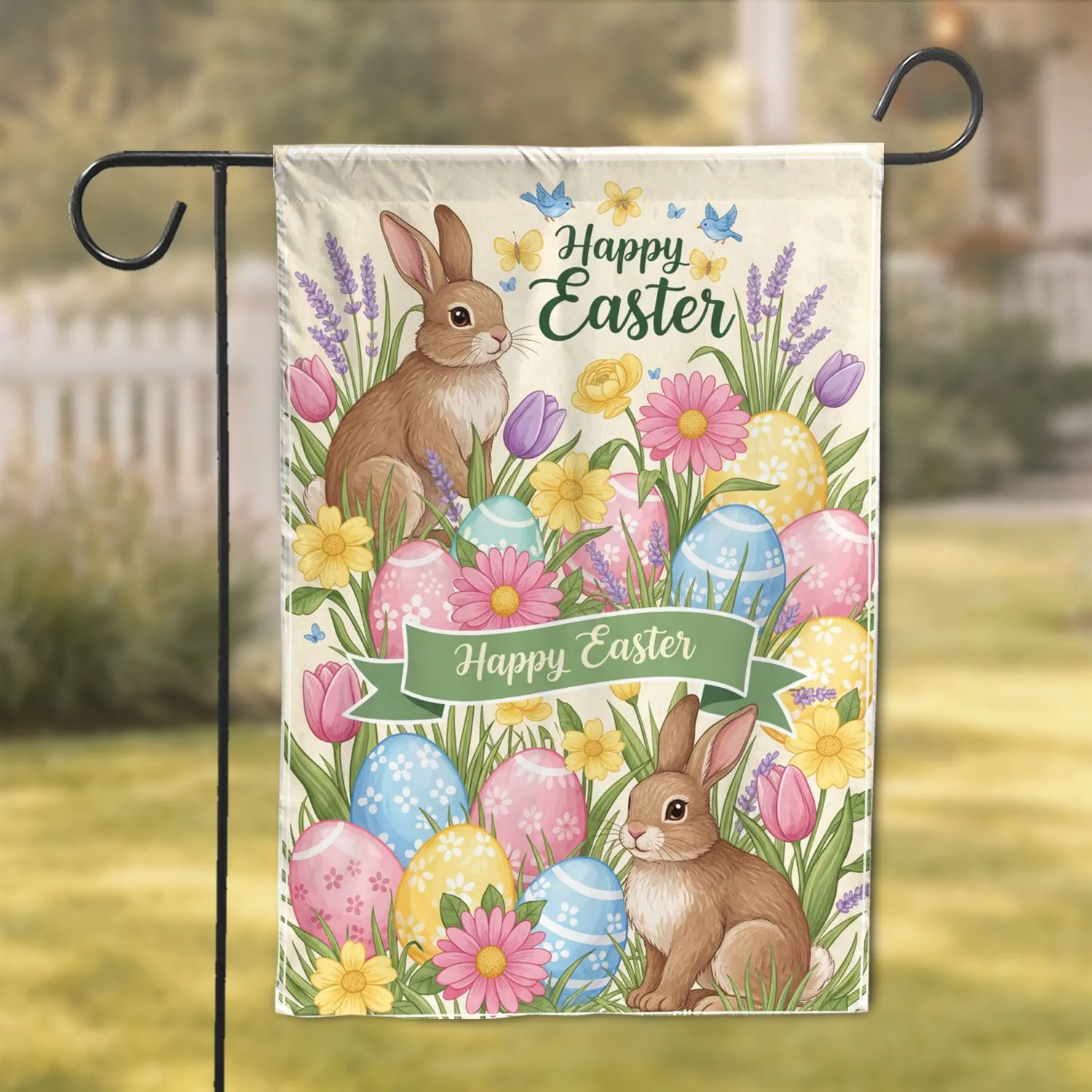 Happy Easter Bunnies Lush Spring Flowers Decorated Eggs - Holiday Home Decor Garden Flag - 1