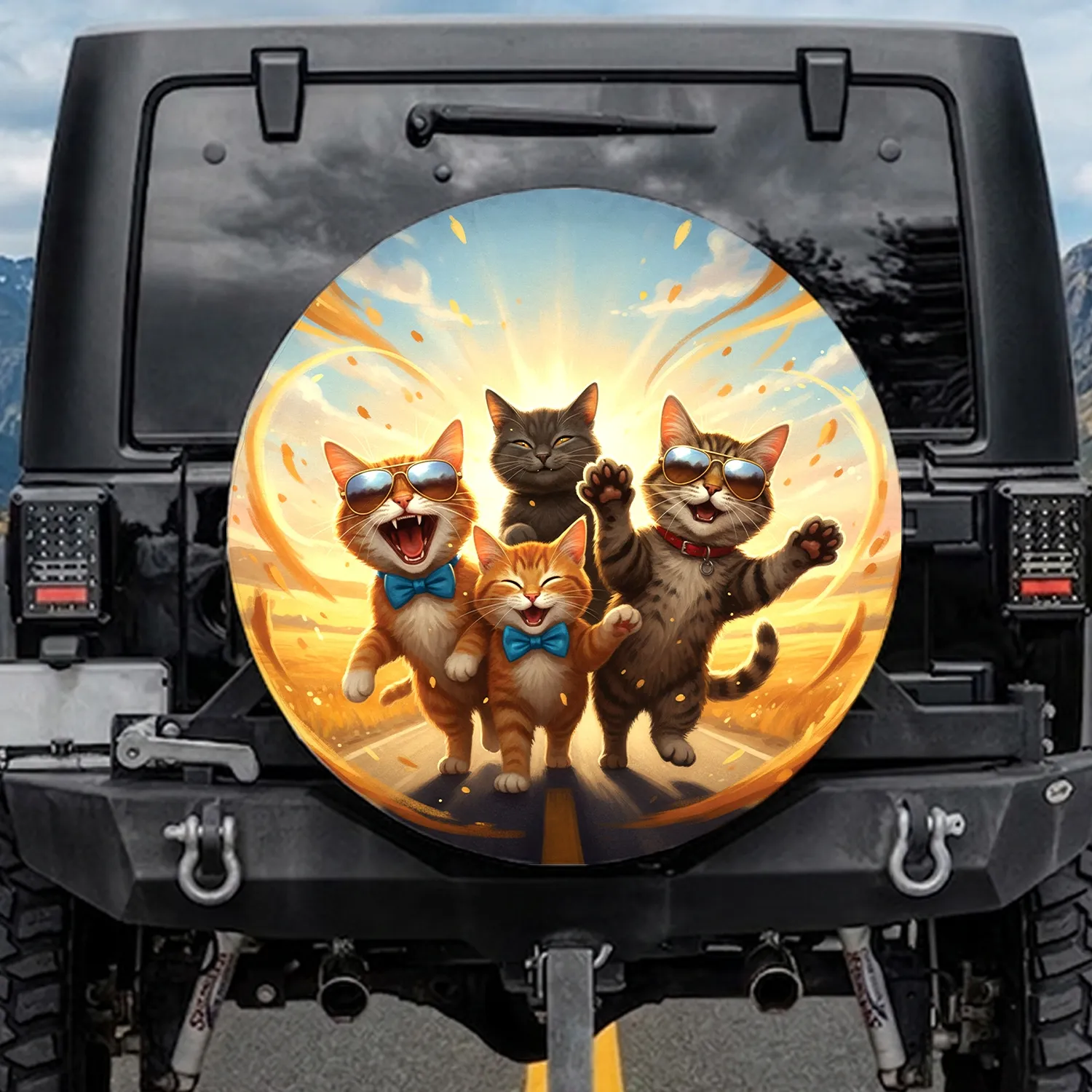 Four Cats Sunglasses Bowtie Collar Road Trip - Cat Lover Gift Spare Tire Cover - 1