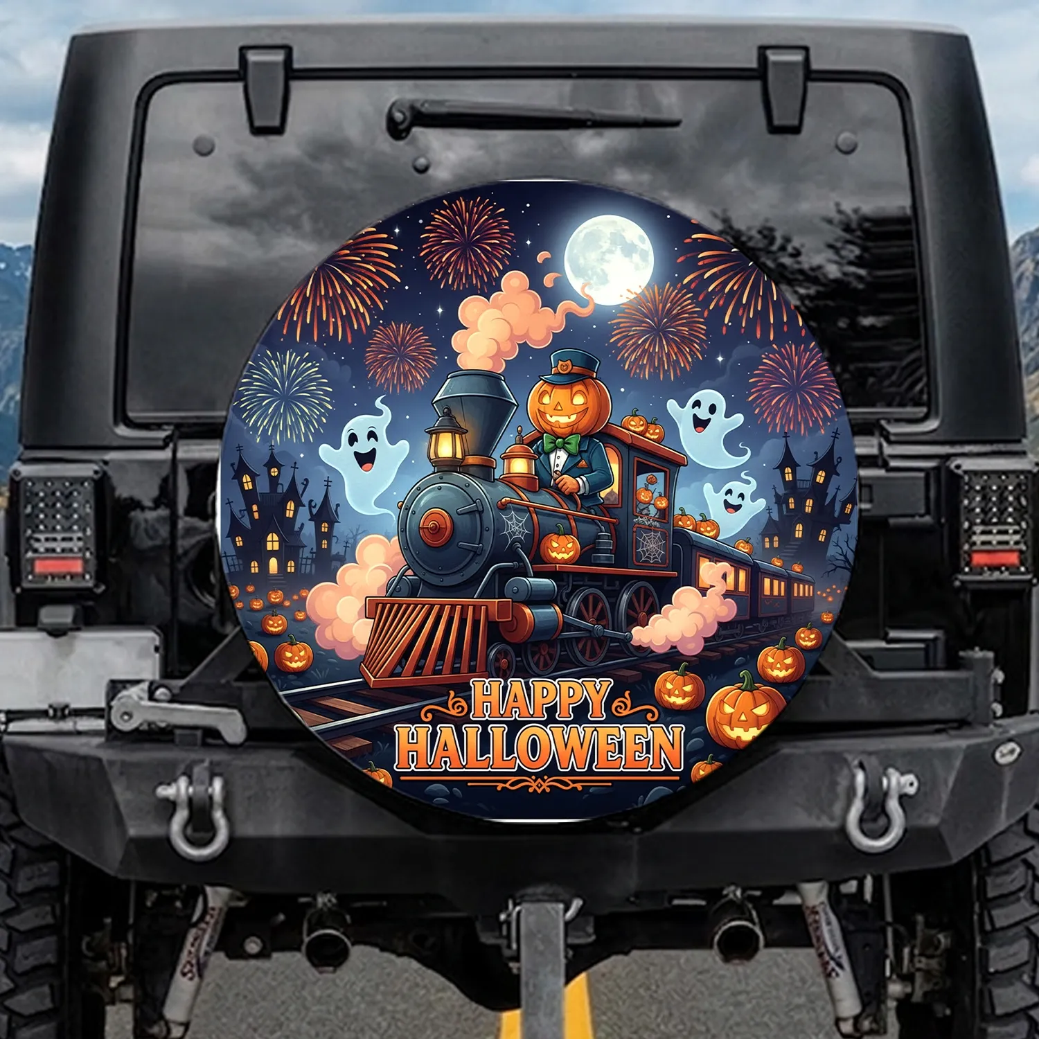 Halloween Steam Train Pumpkin Conductor Ghosts Jack-o'-Lanterns - Halloween Holiday Decor Spare Tire Cover - 1