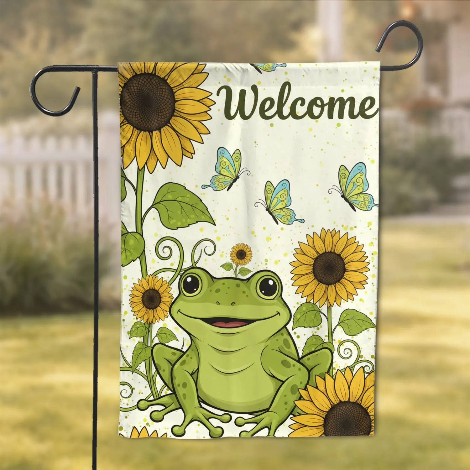 Welcome Big-Eyed Frog Sunflowers Butterflies - Home Garden Decor Gift for Gardeners Garden Flag - 1