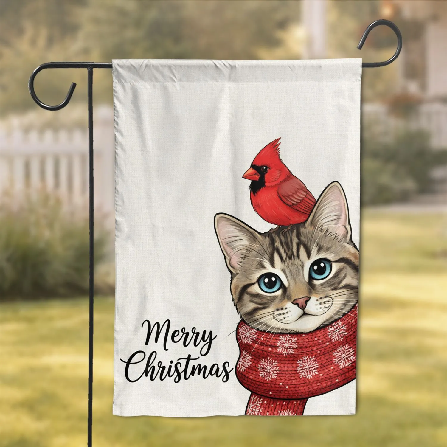 Tabby Cat Cardinal Merry Christmas Snowflake - Christmas Holiday Gift Cat Lover Garden Flag - 1