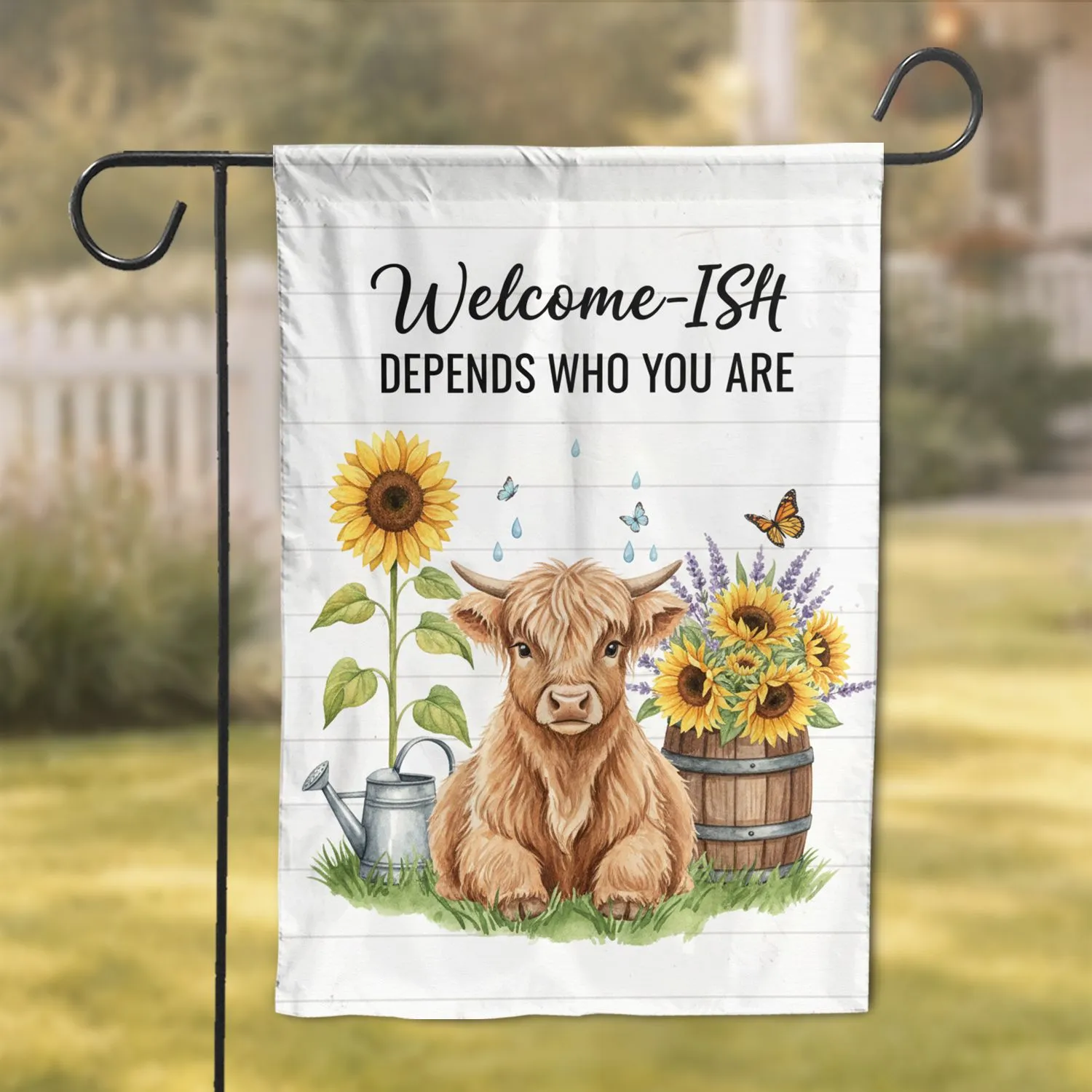 Highland Calf Welcome-ISH Sign Sunflowers - Farmhouse Decor Cow Lover Gift Garden Flag - 1