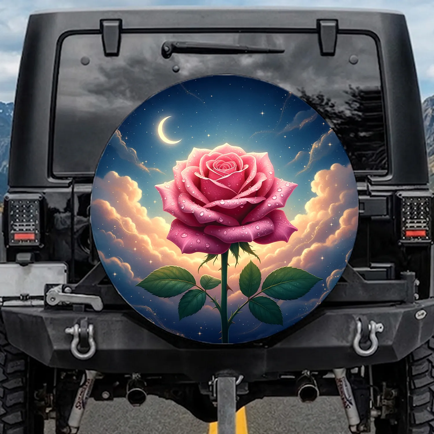 Pink Rose Moon Stars Night Sky Celestial - Home Decor Gift for Stargazer Spare Tire Cover - 1
