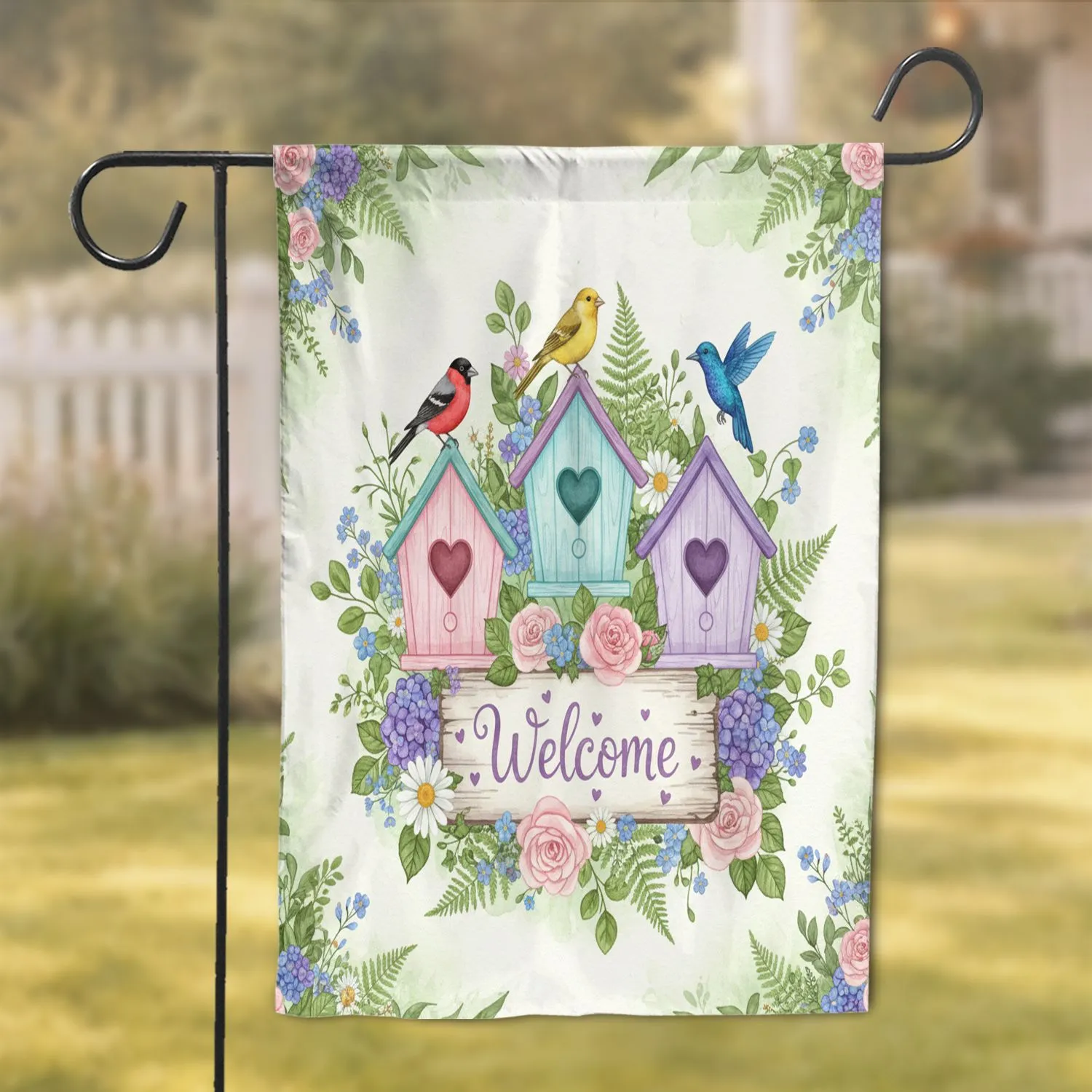 Rustic Birdhouses Heart Entrance Welcome Sign Wildflowers Garden Decor Gift Garden Flag - 1