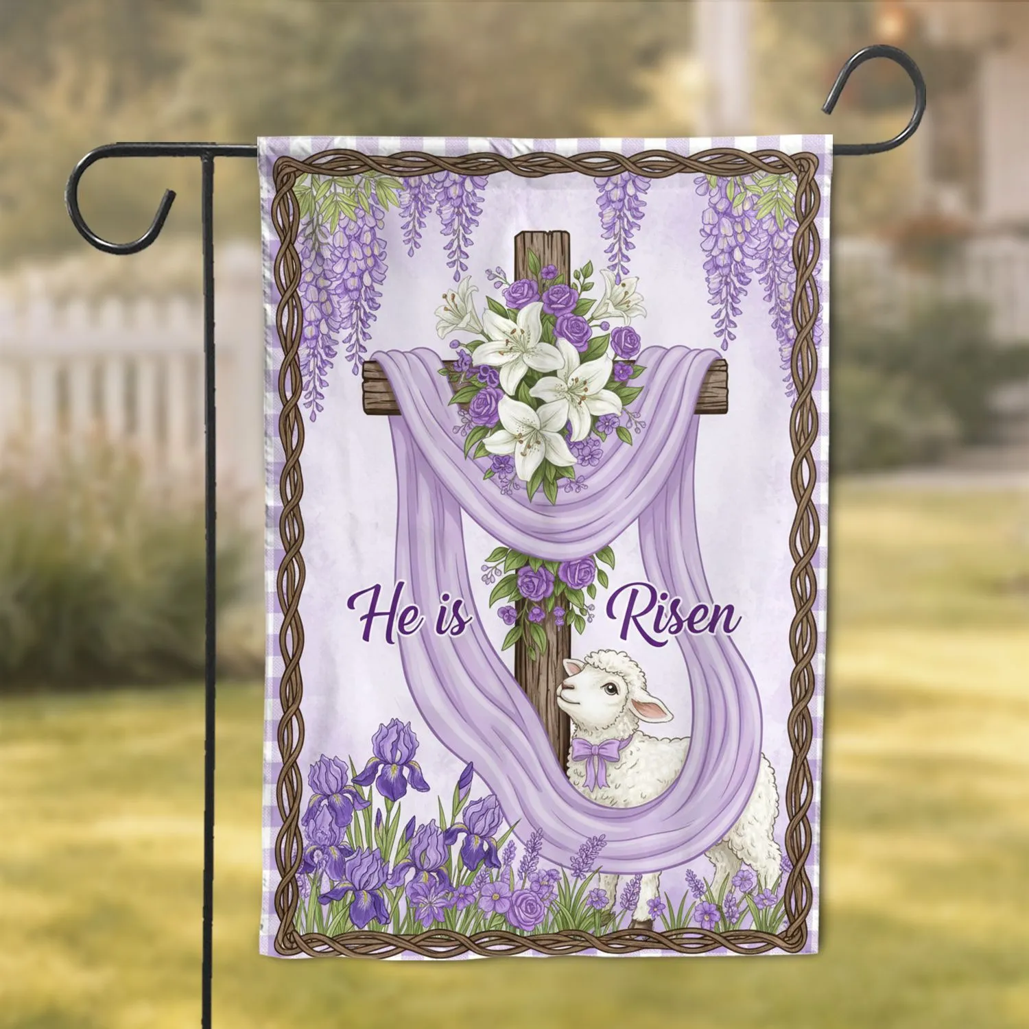 He is Risen Lamb Cross Lilies Wisteria - Easter Spring Devotional Decor Garden Flag - 1