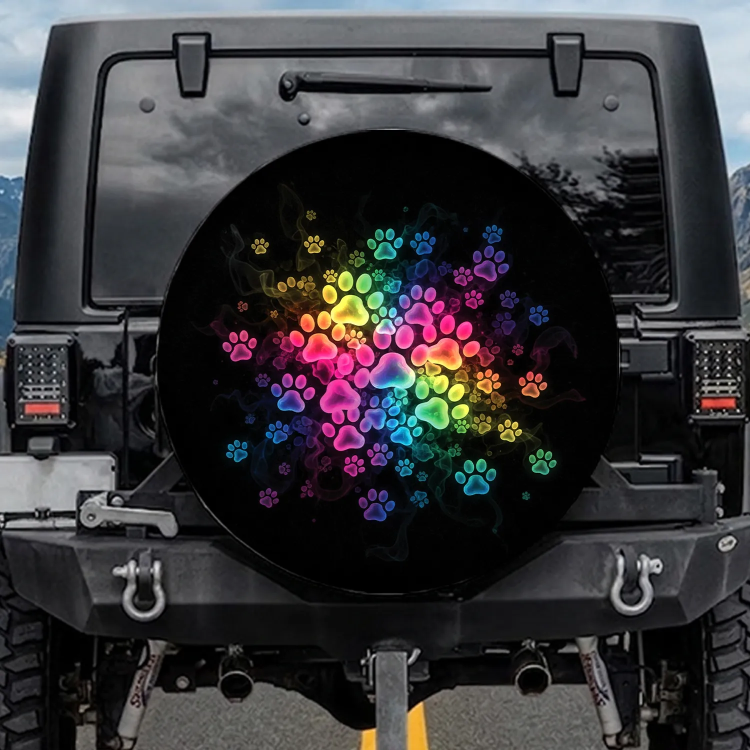 Glowing Rainbow Paw Prints Black - Pet Lover Gift for Dog Cat Owners Spare Tire Cover - 1